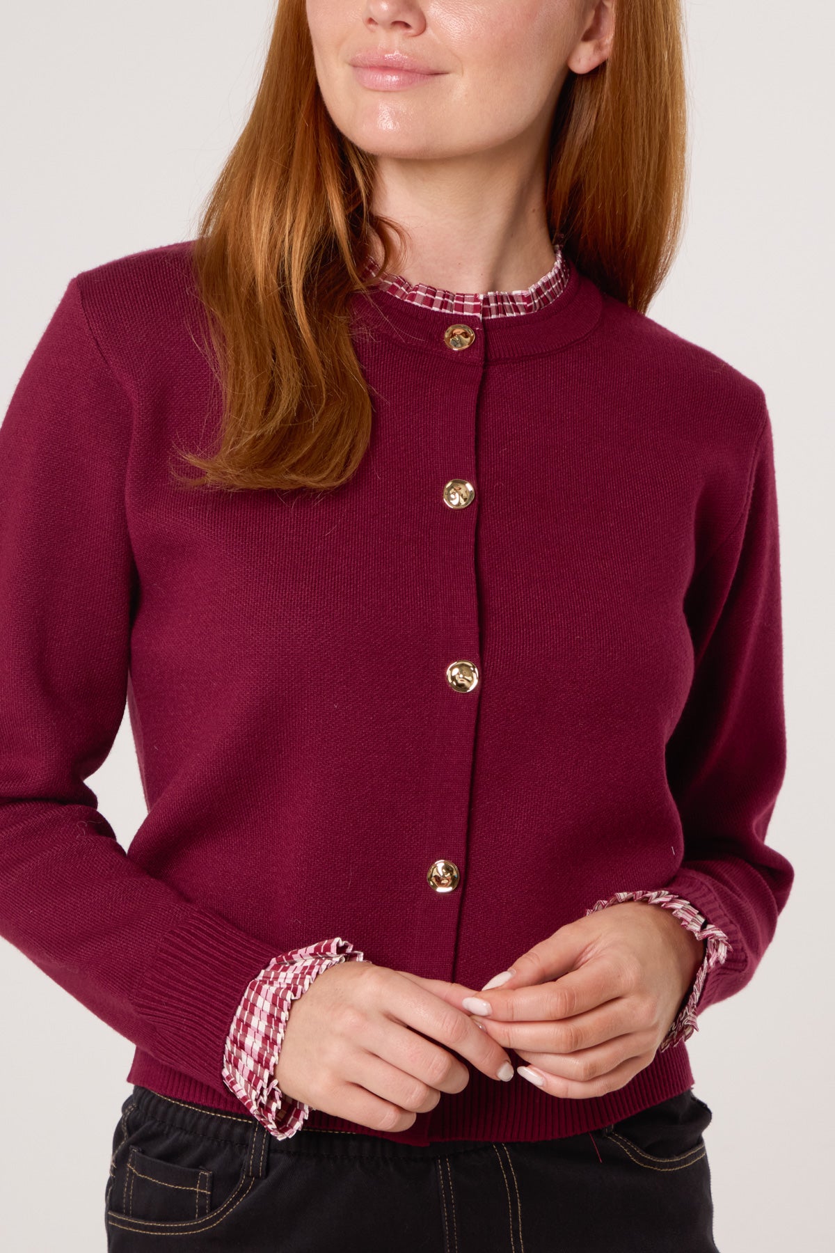 Tartan Ruffle Trim Knit Cardigan