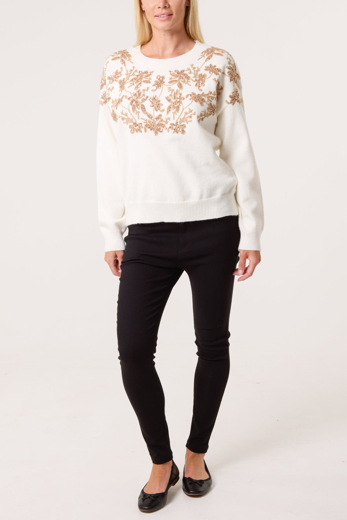 Gold Embellished & Embroidered Floral Jumper