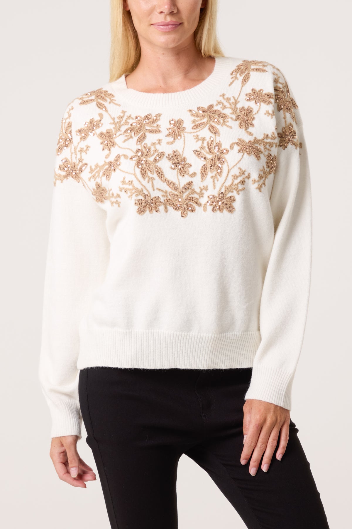 Gold Embellished & Embroidered Floral Jumper