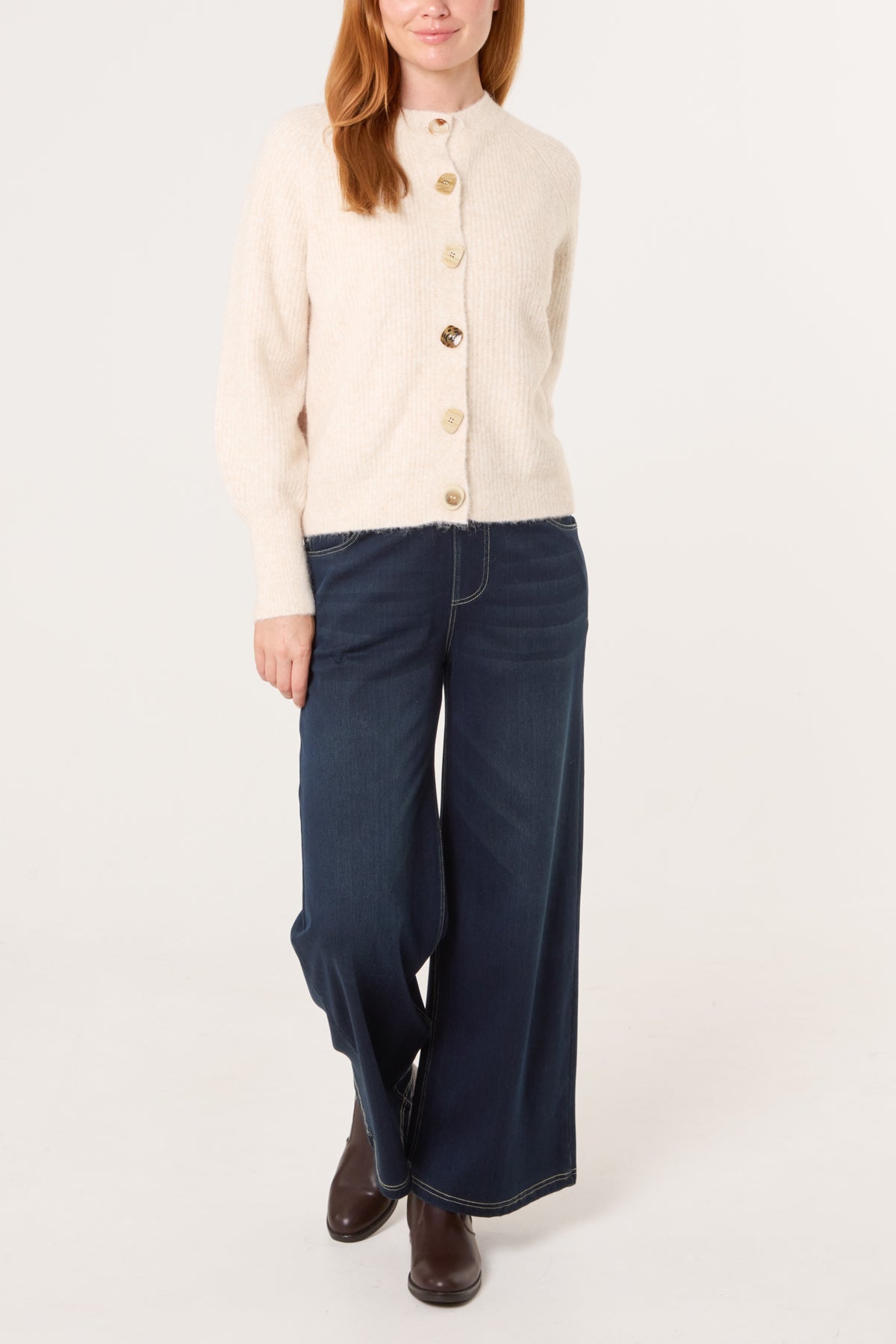 Print Buttons Round Neck Knit Cardigan