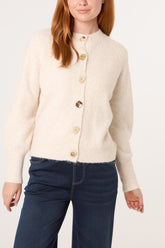 Print Buttons Round Neck Knit Cardigan