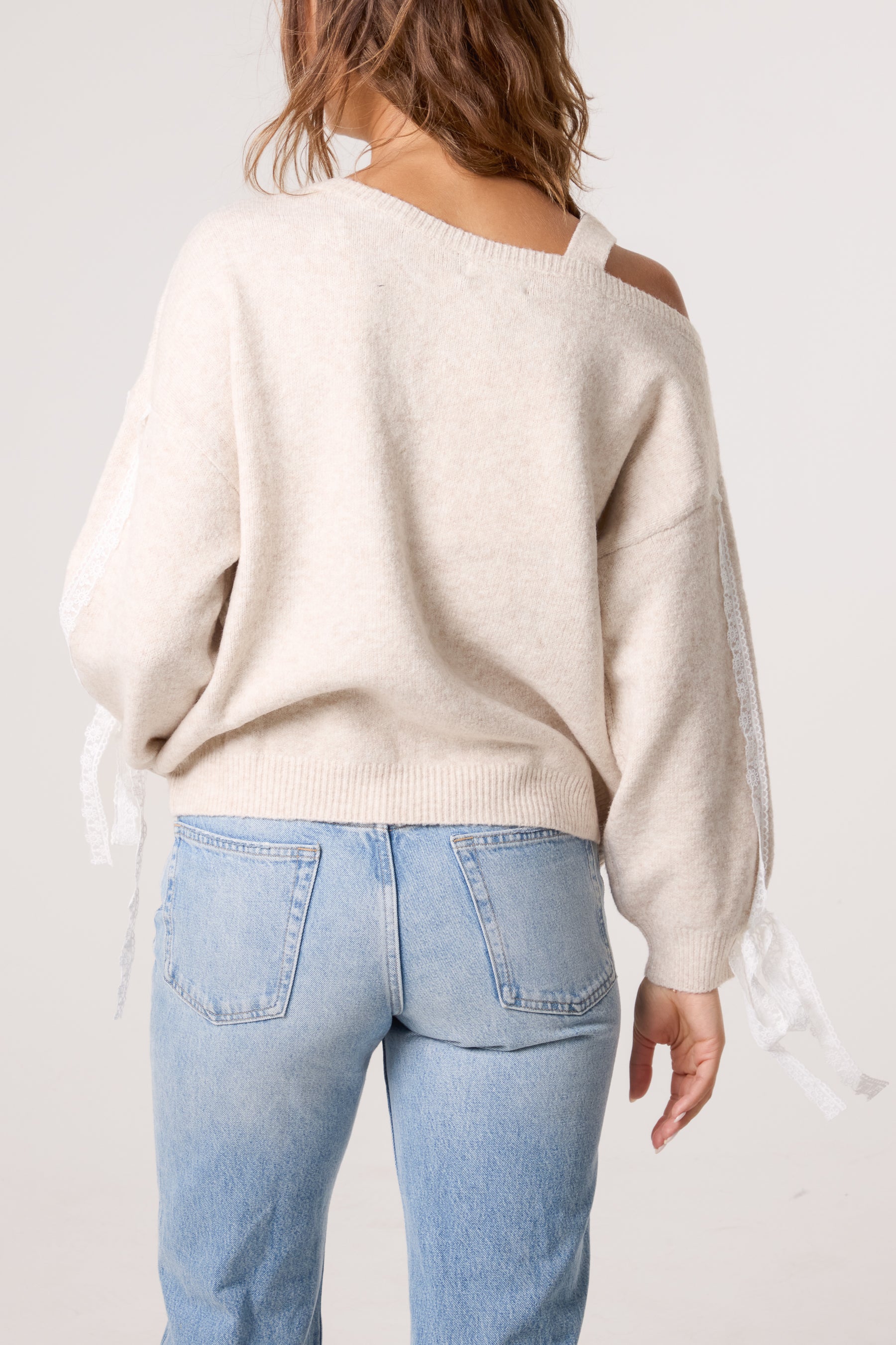 Embroidered & Lace Bow One Shoulder Jumper
