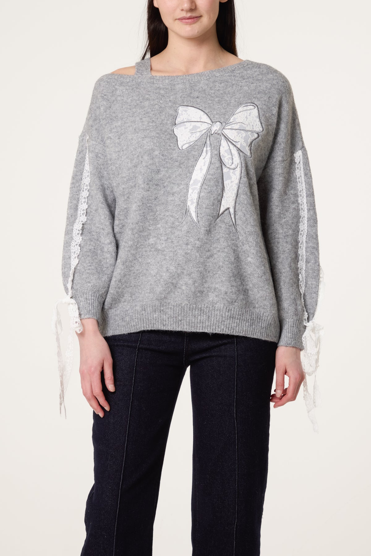 Embroidered & Lace Bow One Shoulder Jumper
