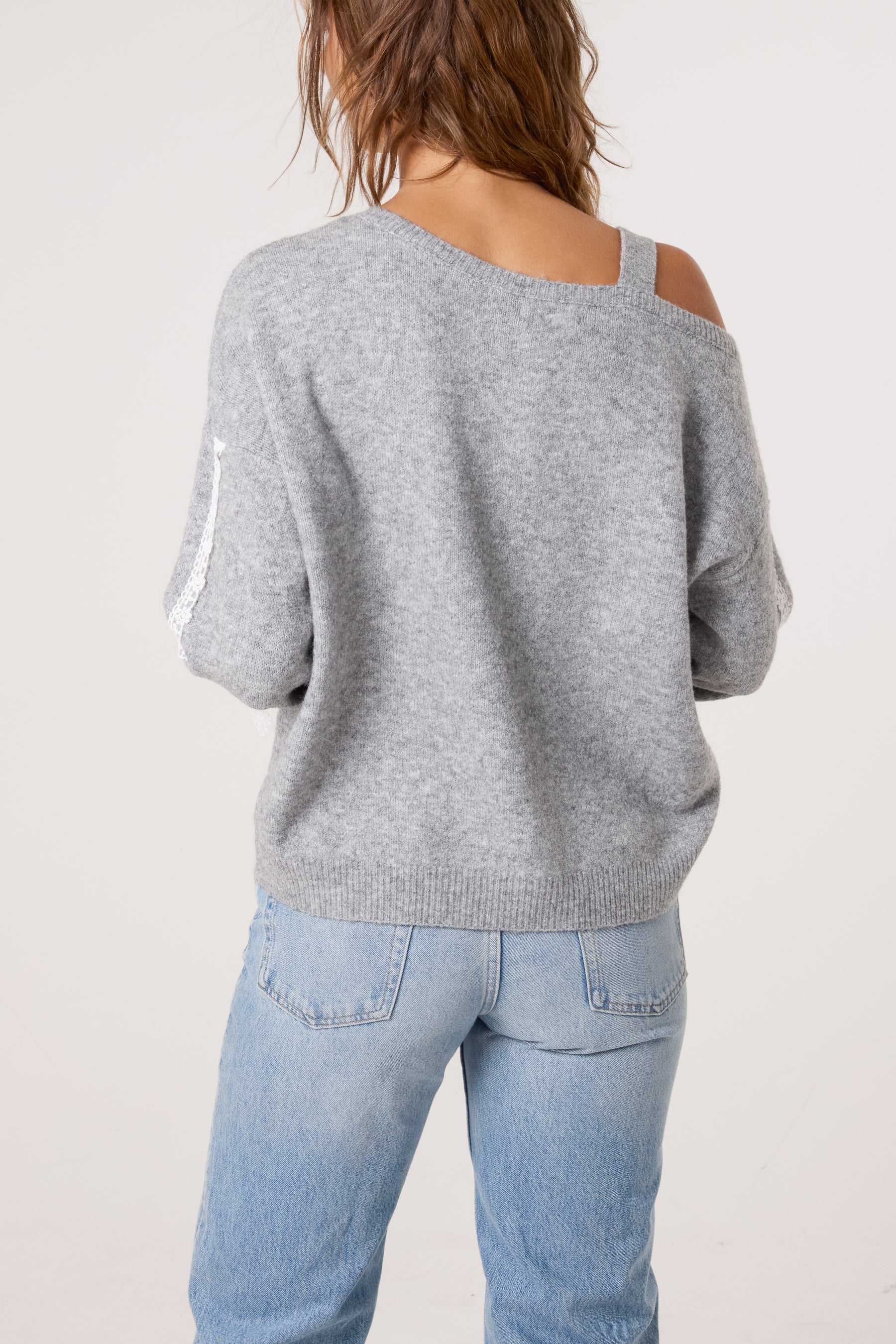 Embroidered & Lace Bow One Shoulder Jumper