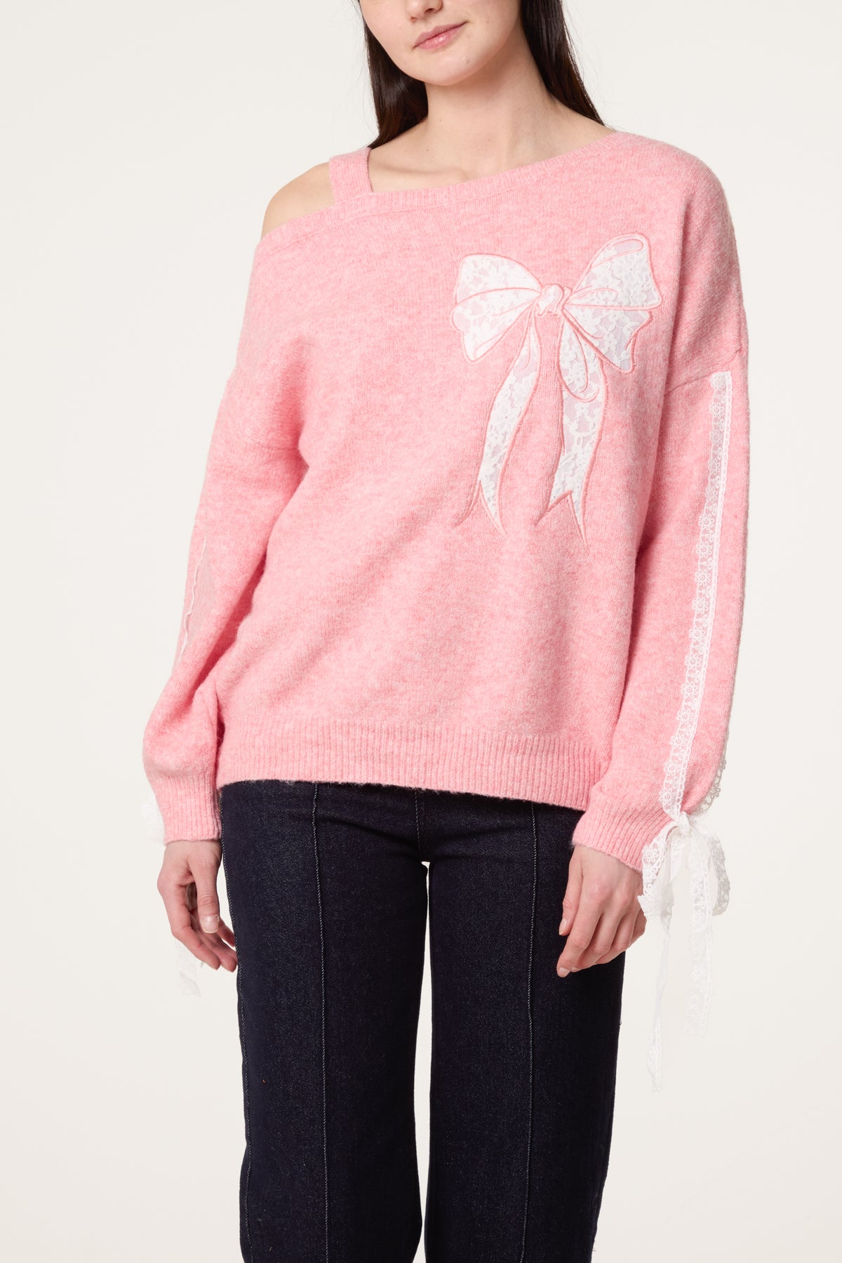 Embroidered & Lace Bow One Shoulder Jumper