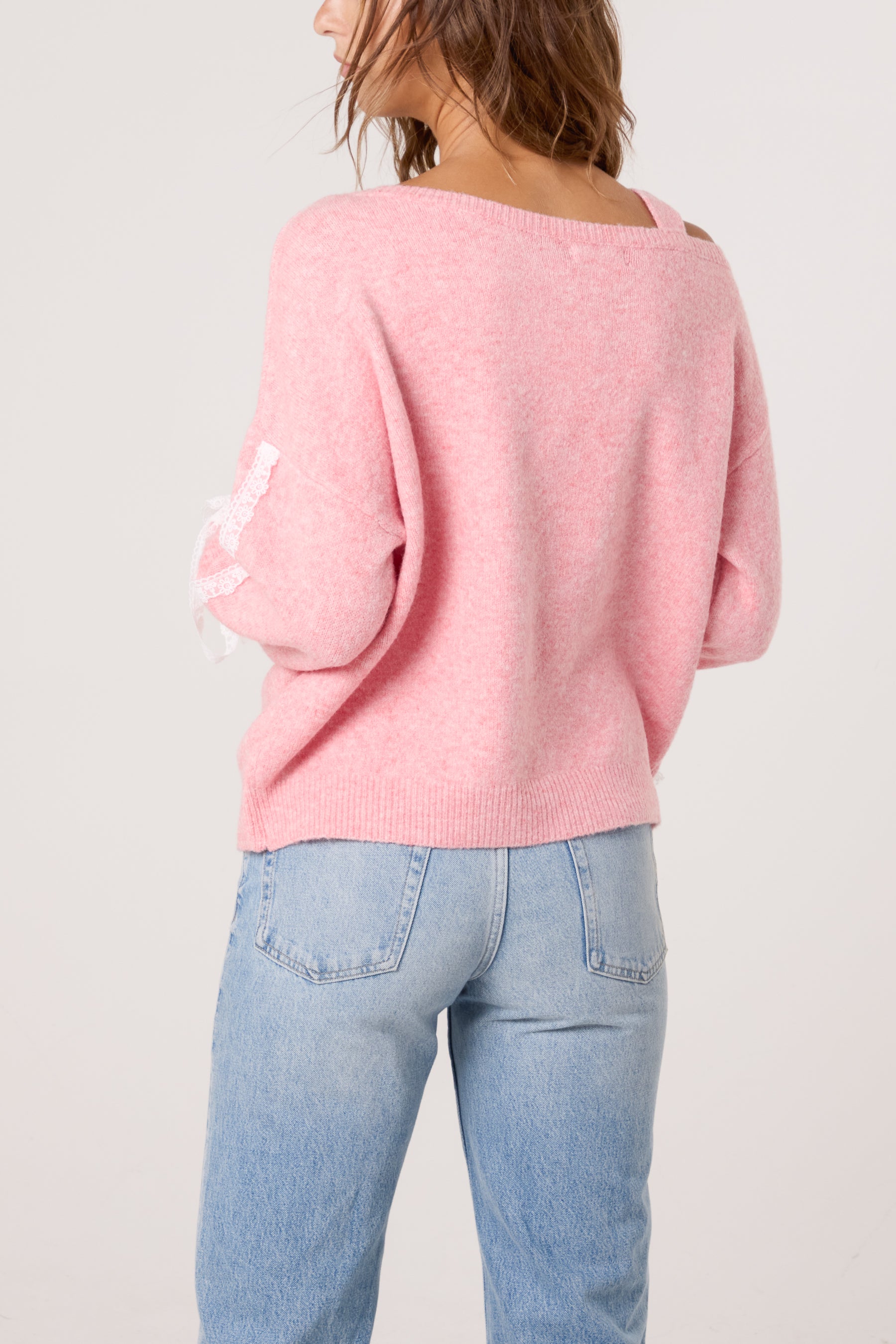 Embroidered & Lace Bow One Shoulder Jumper