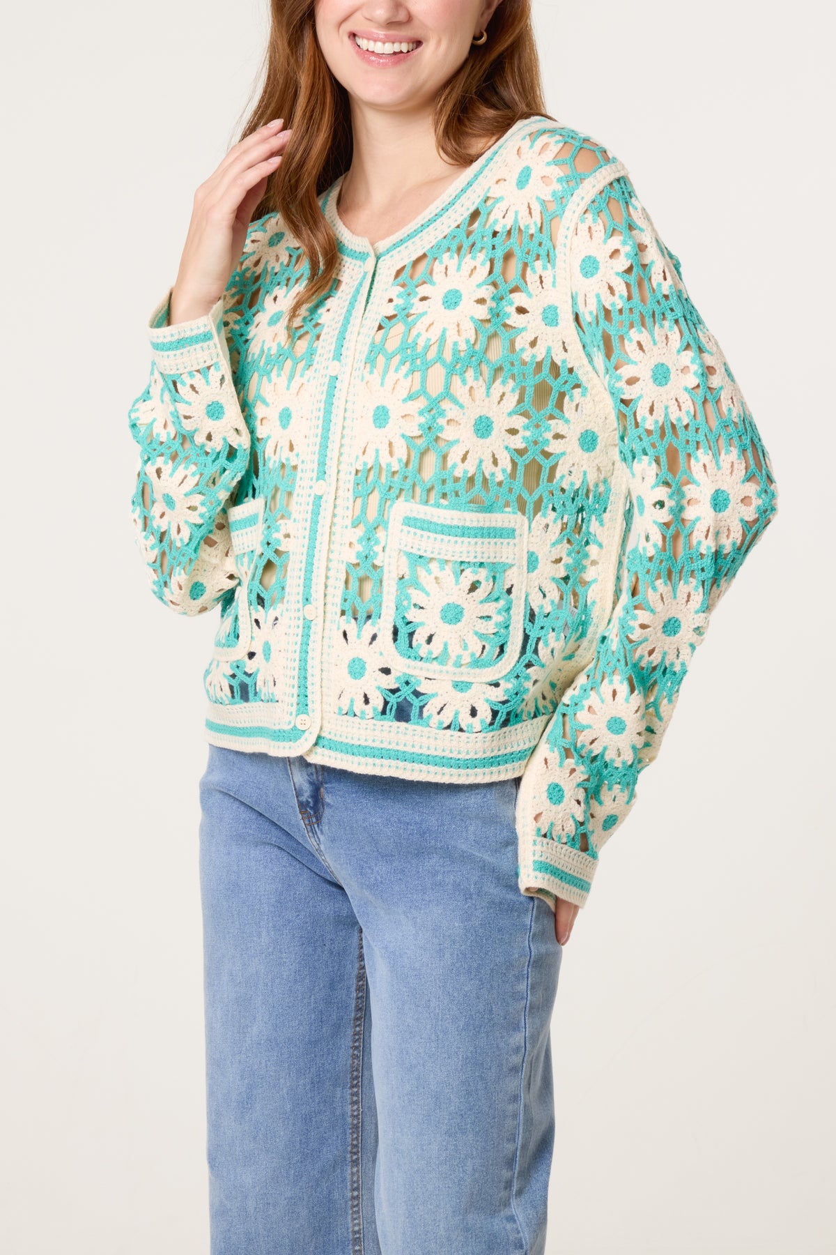 Floral Crochet Pocket Cardigan