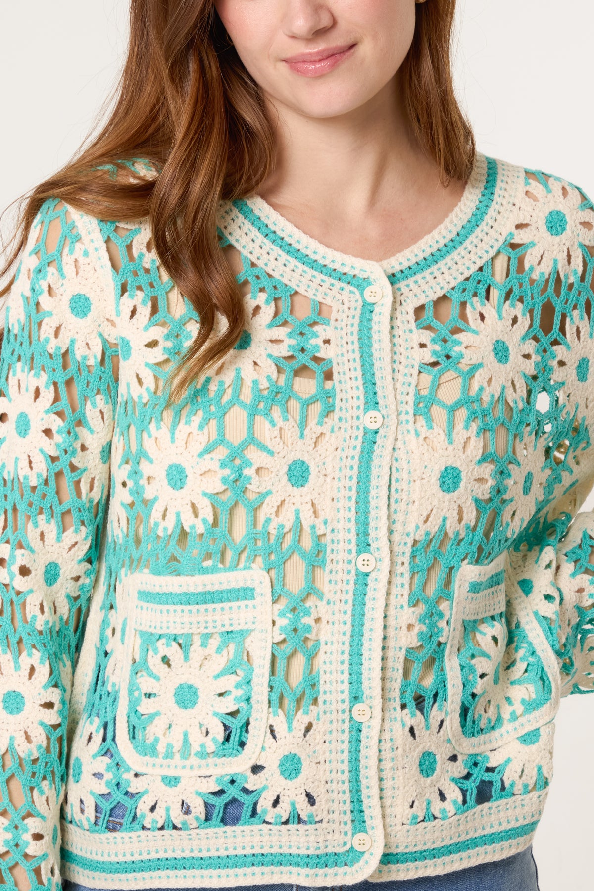Floral Crochet Pocket Cardigan