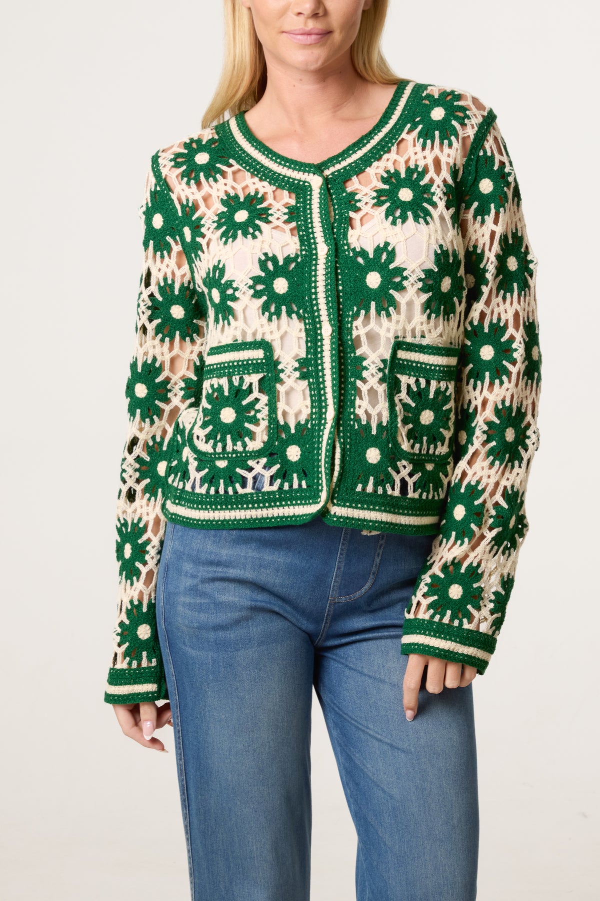 Floral Crochet Pocket Cardigan