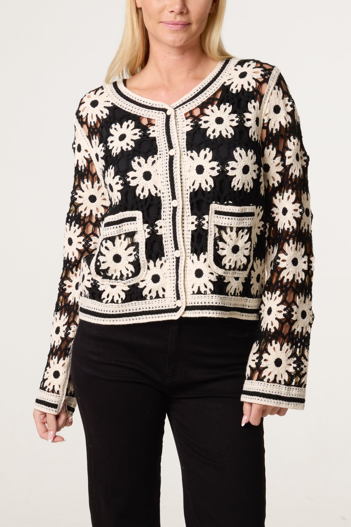 Floral Crochet Pocket Cardigan
