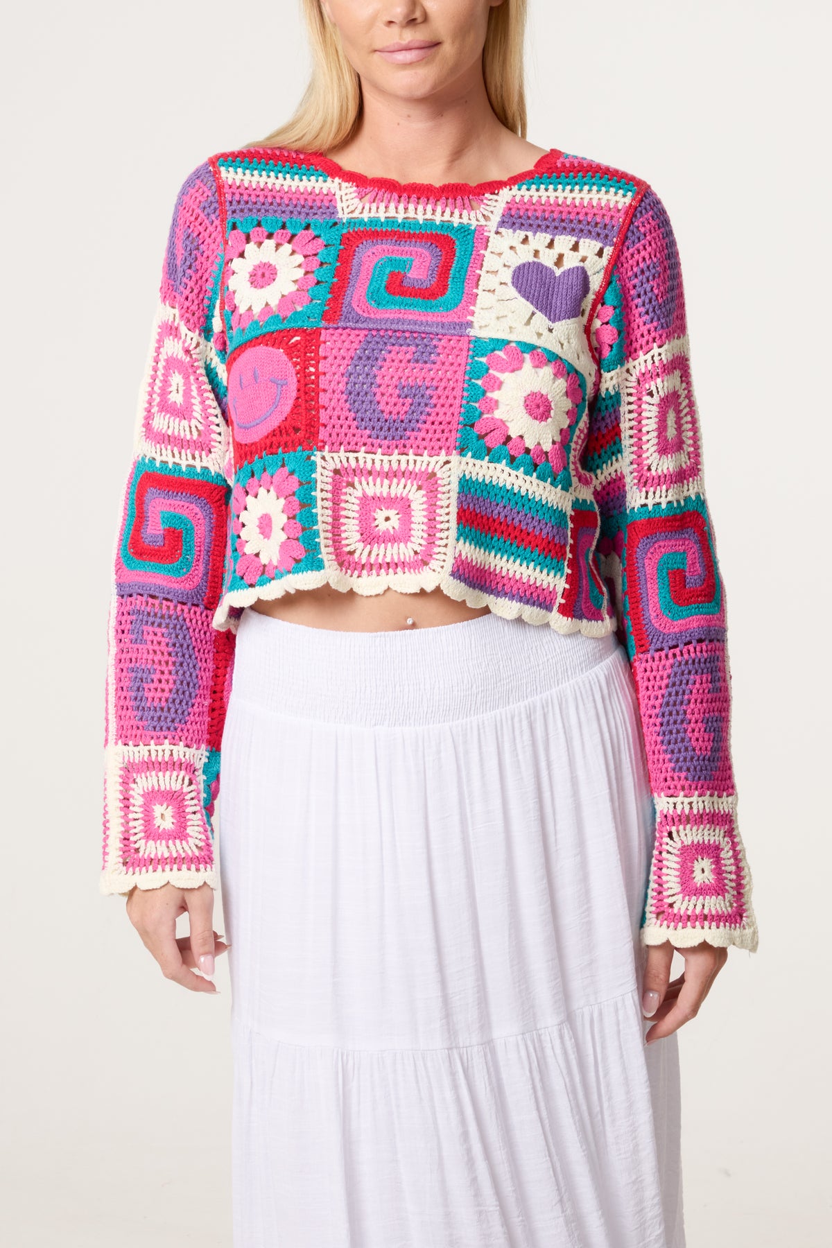 Retro Patchwork Crochet Cropped Top