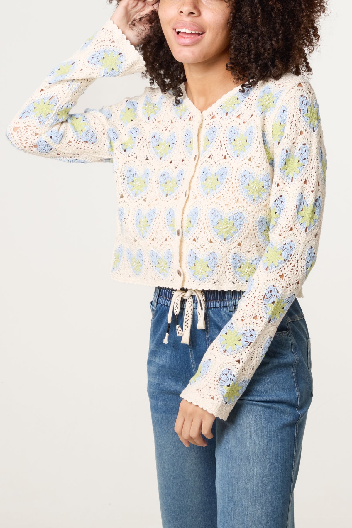 Beaded Heart Pattern Crochet Cardigan