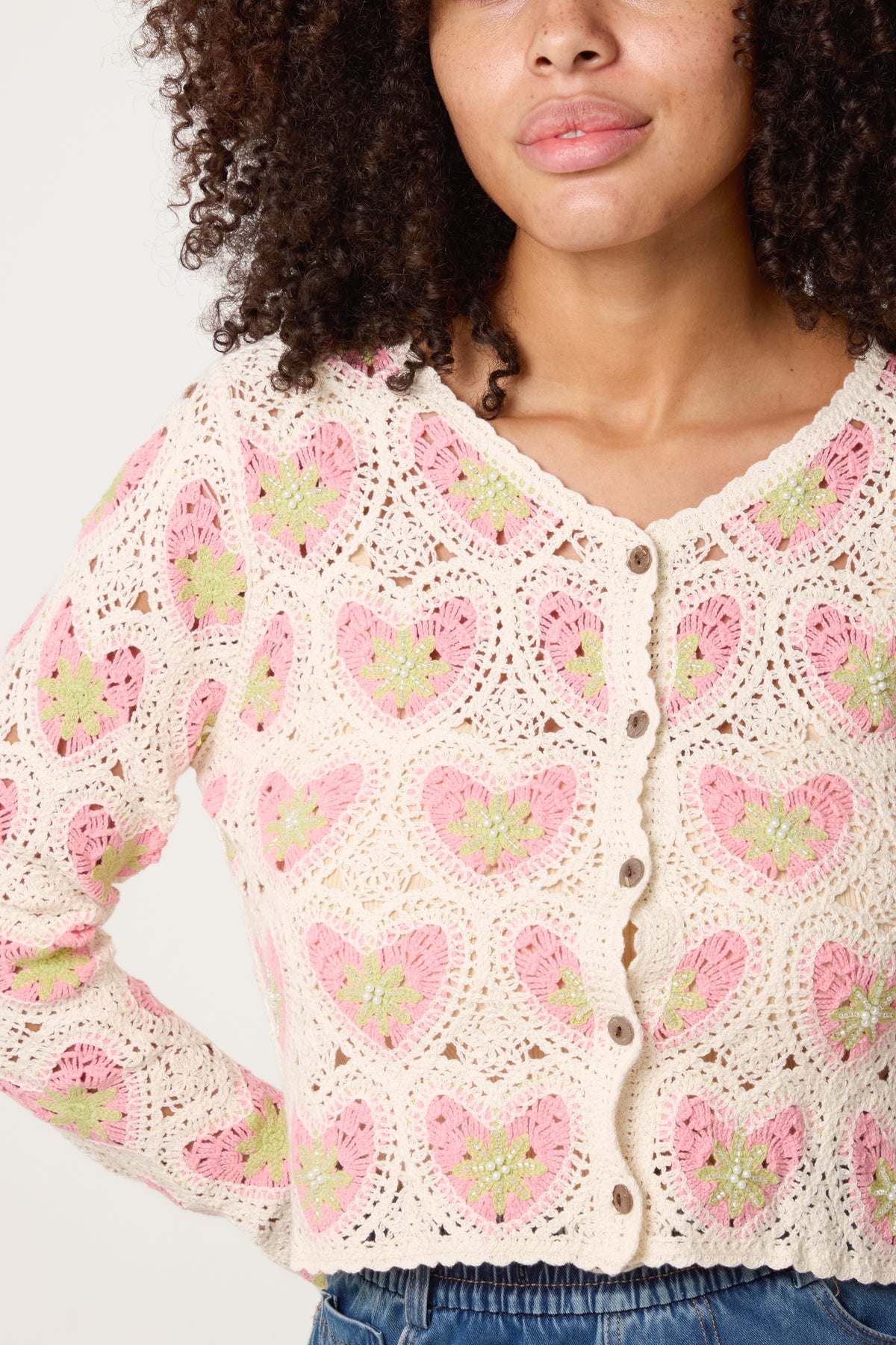 Beaded Heart Pattern Crochet Cardigan