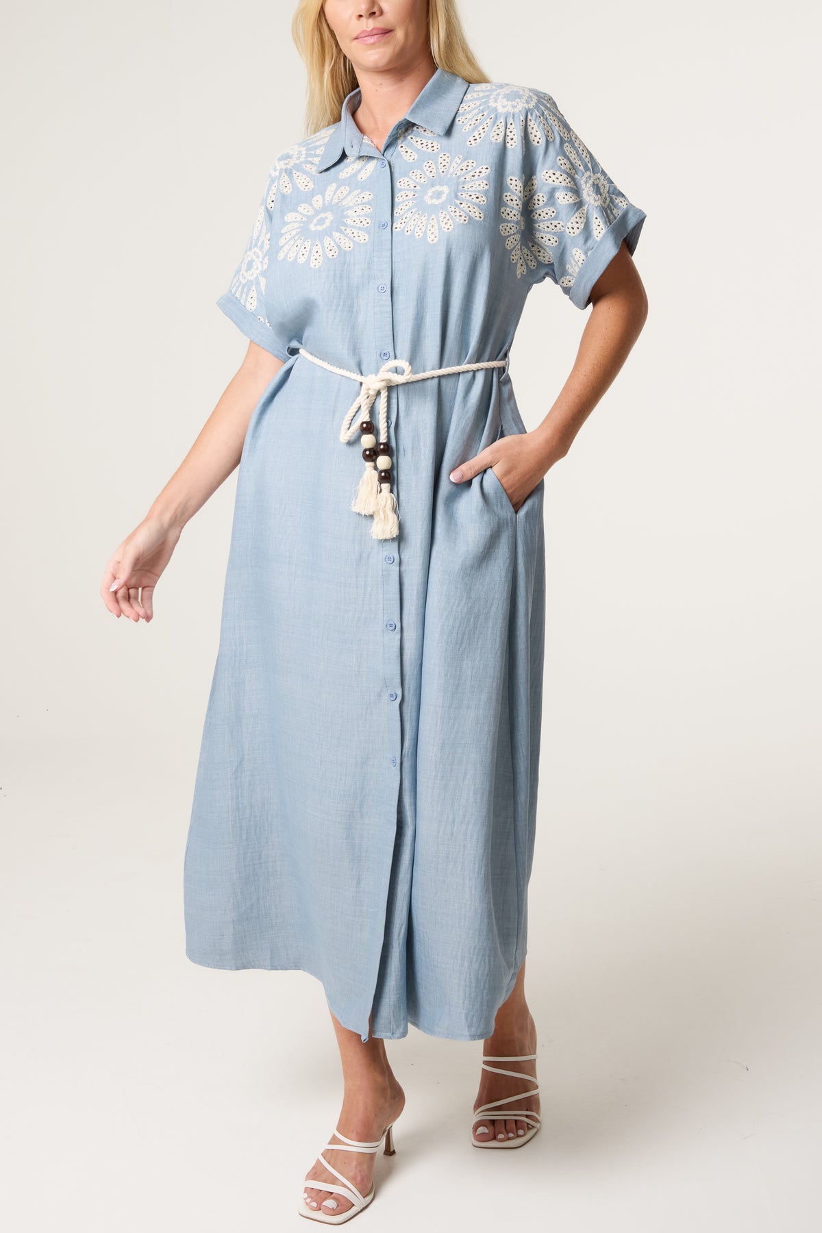 Floral Cutwork Embroidery Tassel Belt Dress