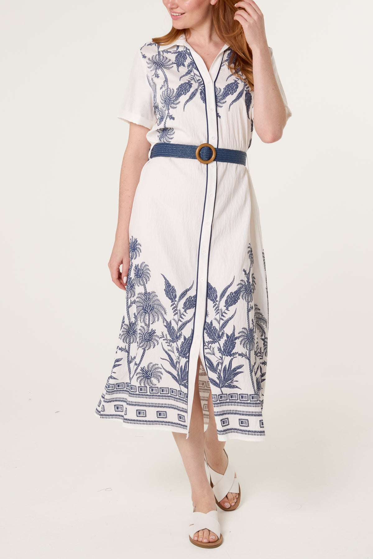 Jungle Embroidery Button & Belted Dress