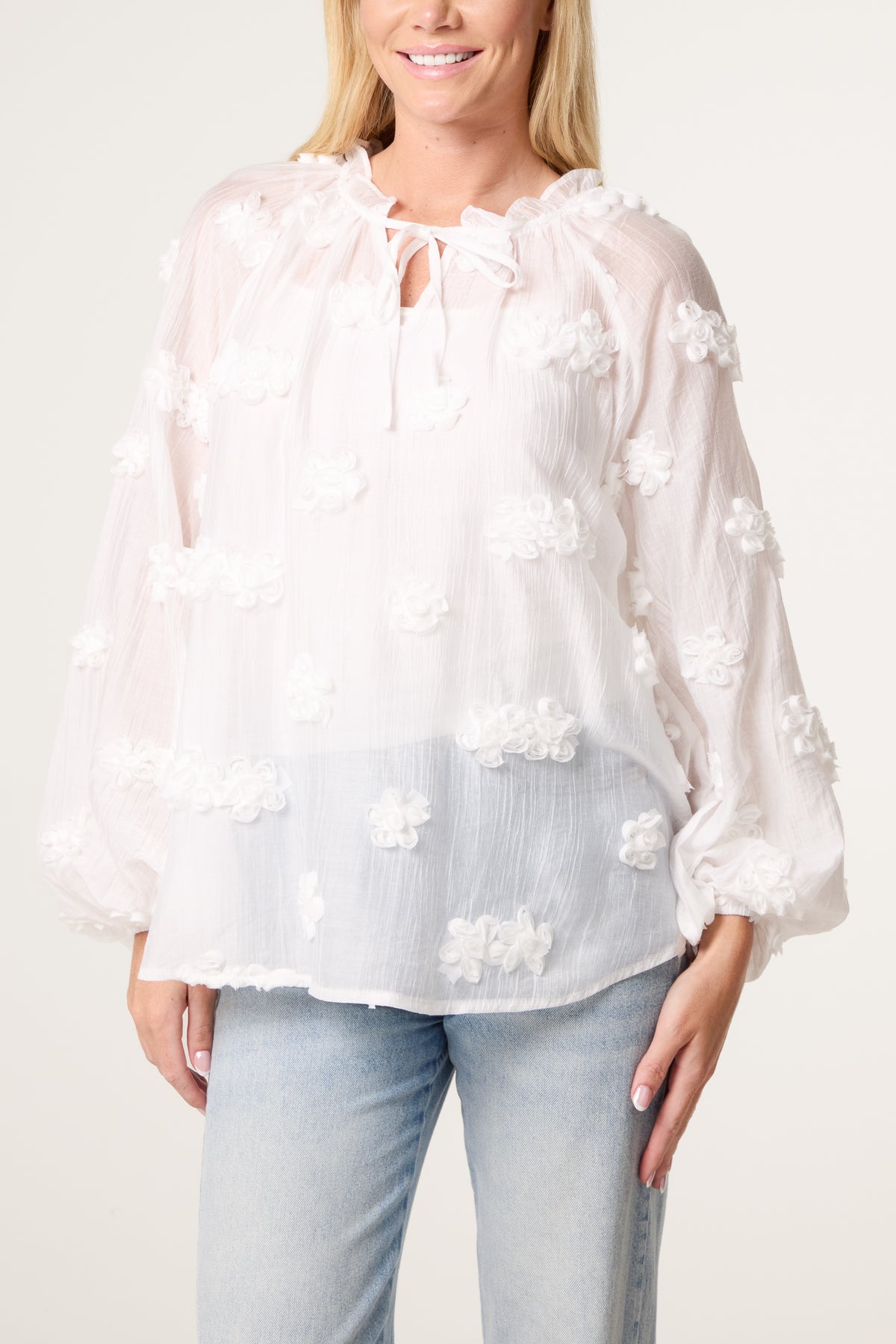 Ruffle Tie Flower Cotton Blouse