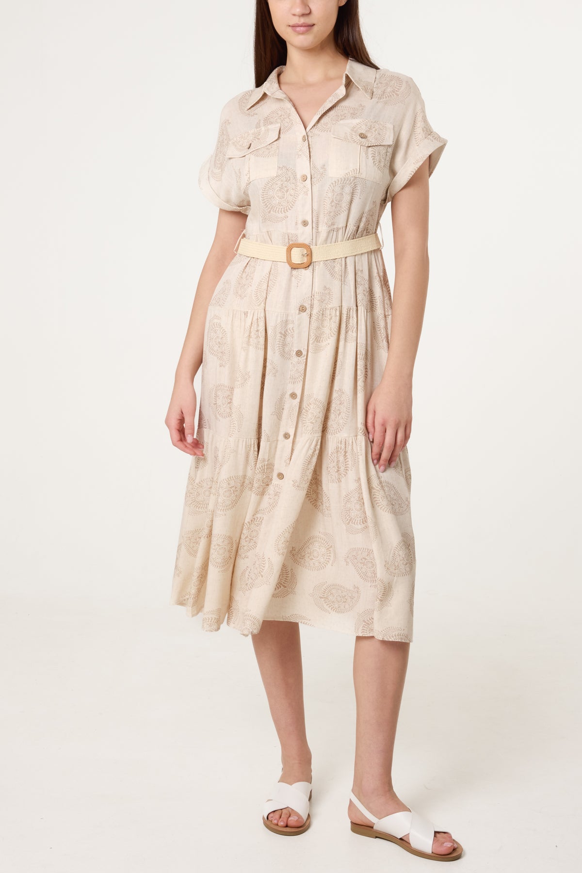 Paisley Print Belted Linen Dress