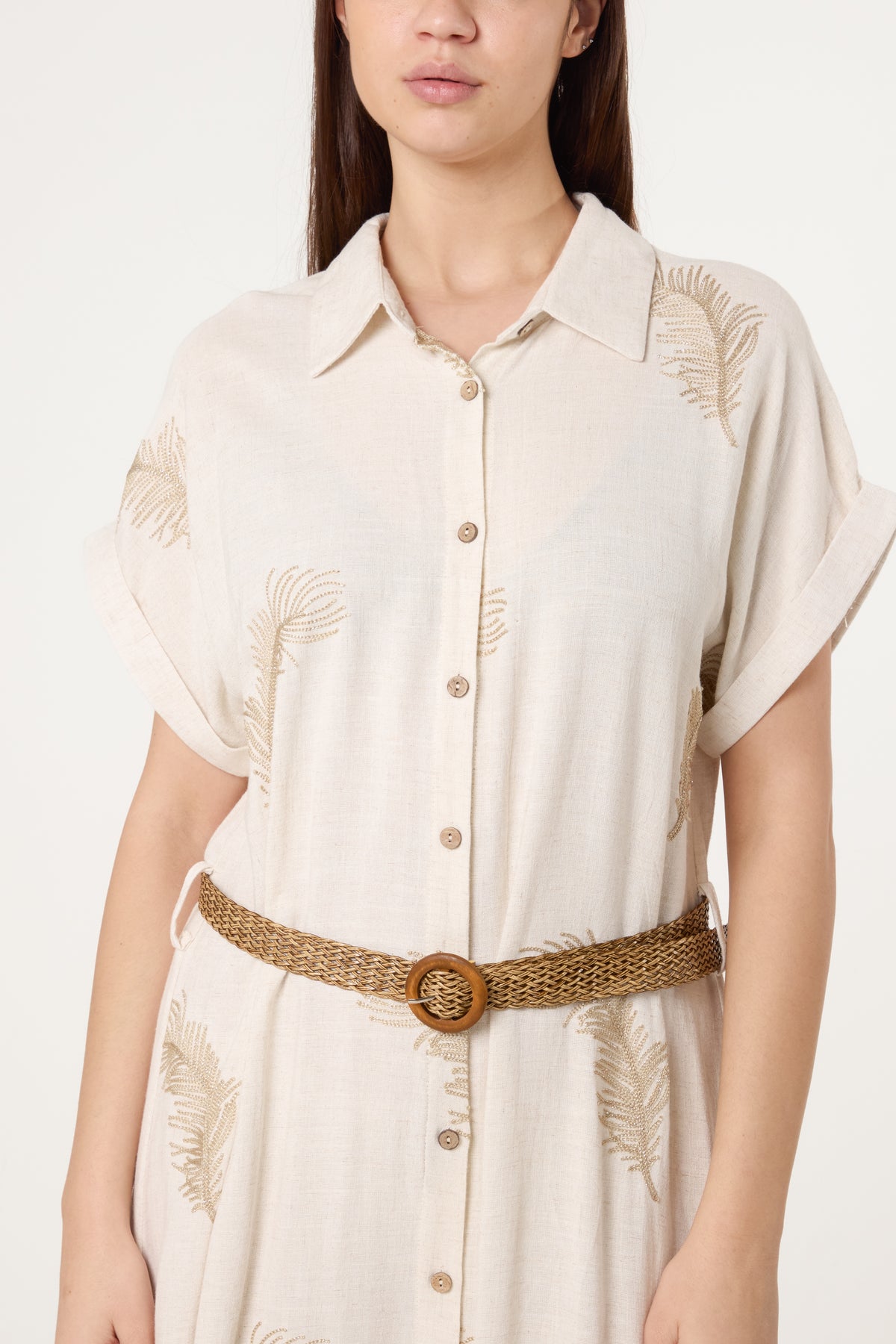 Feather Embroidery Belted Linen Dress