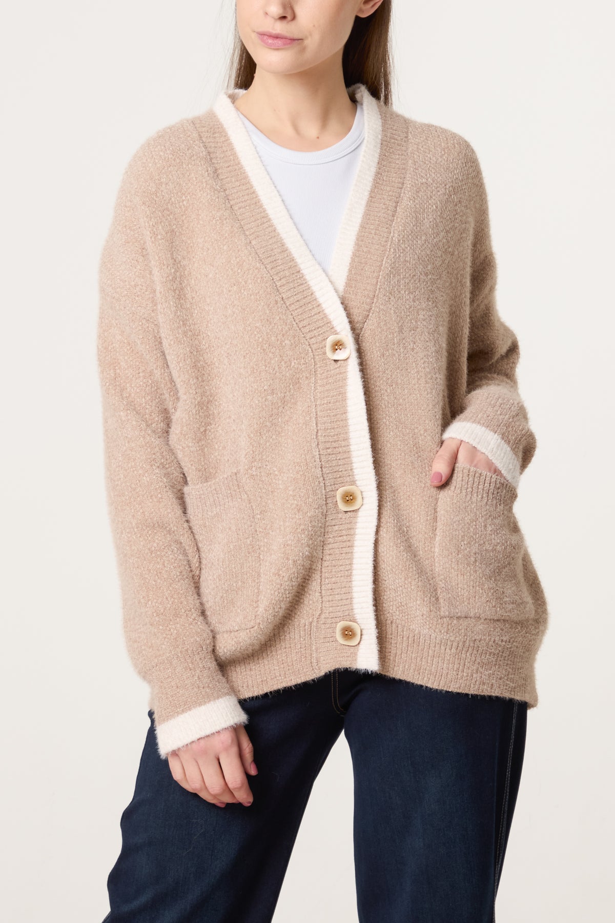 Cosy Knit Contrast Pocket Cardigan