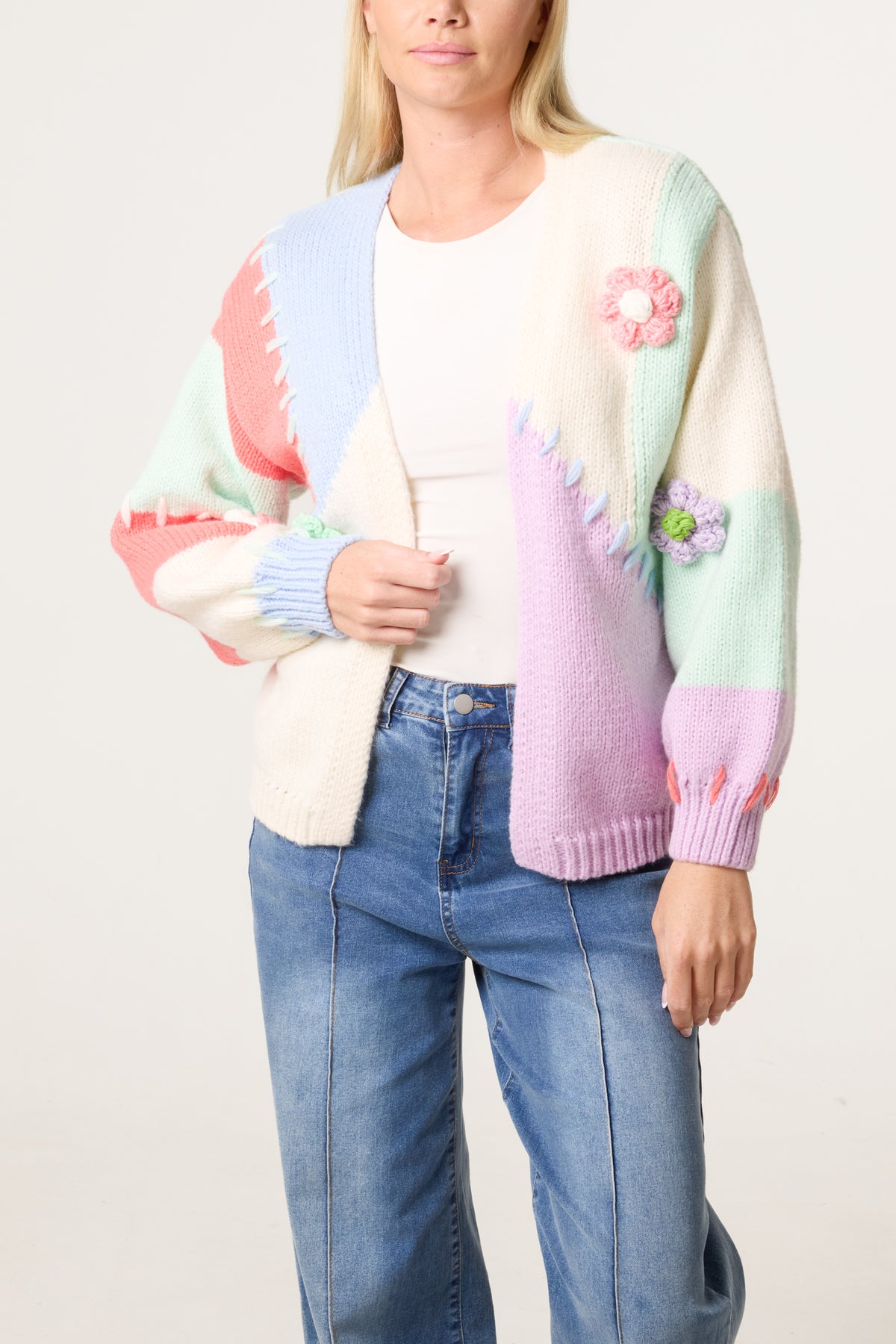 Stitch Colour Block Knit Flower Cardigan