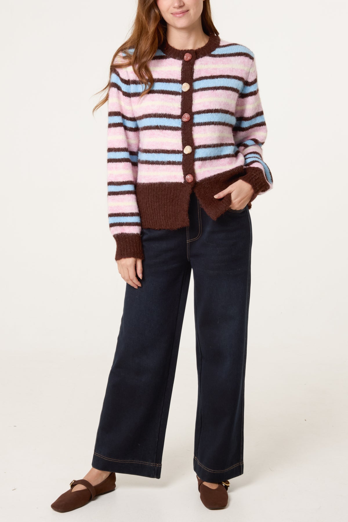 Marble Button Striped Knit Cardigan