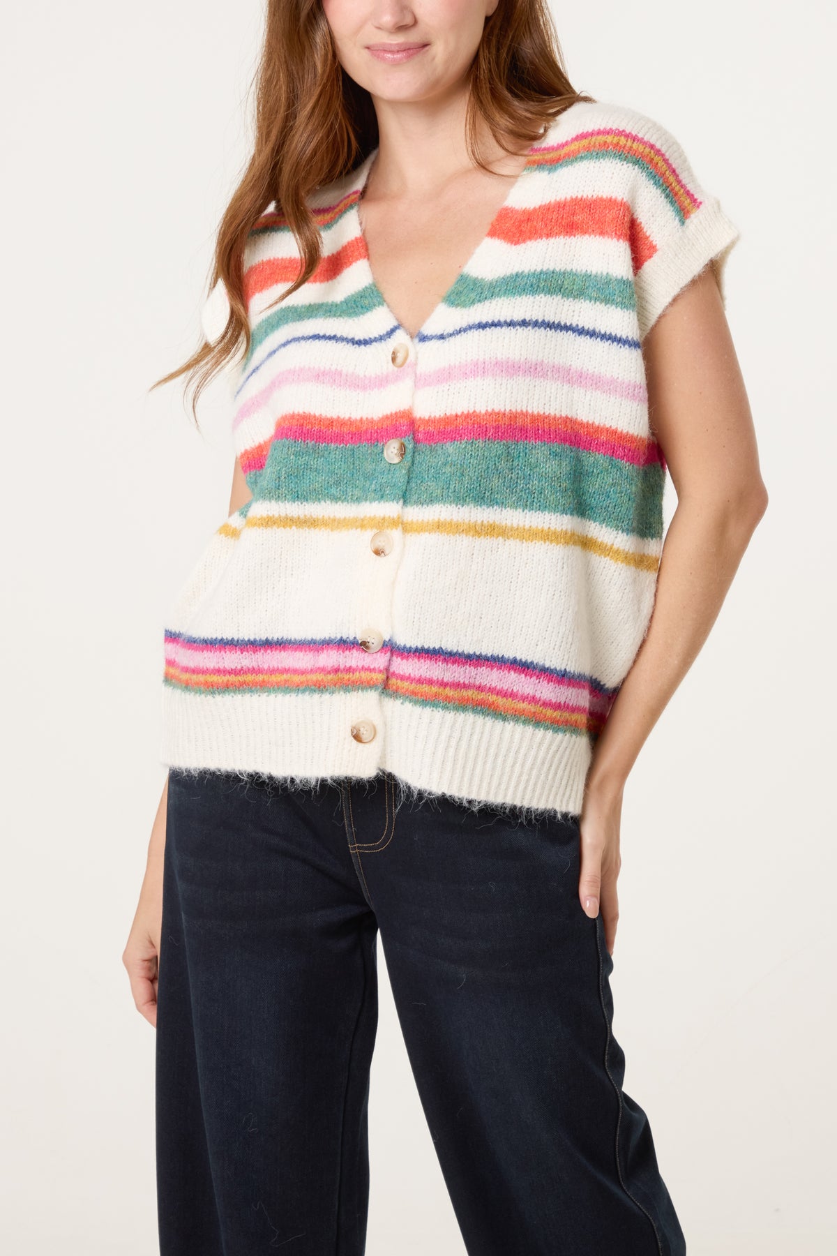 Short Sleeve Striped Knit Cardigan