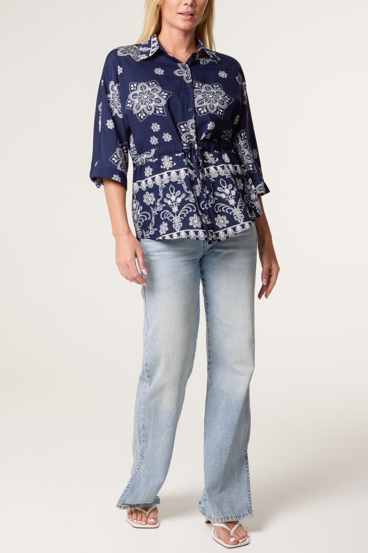 Border Flower Print Cinch Tie Shirt