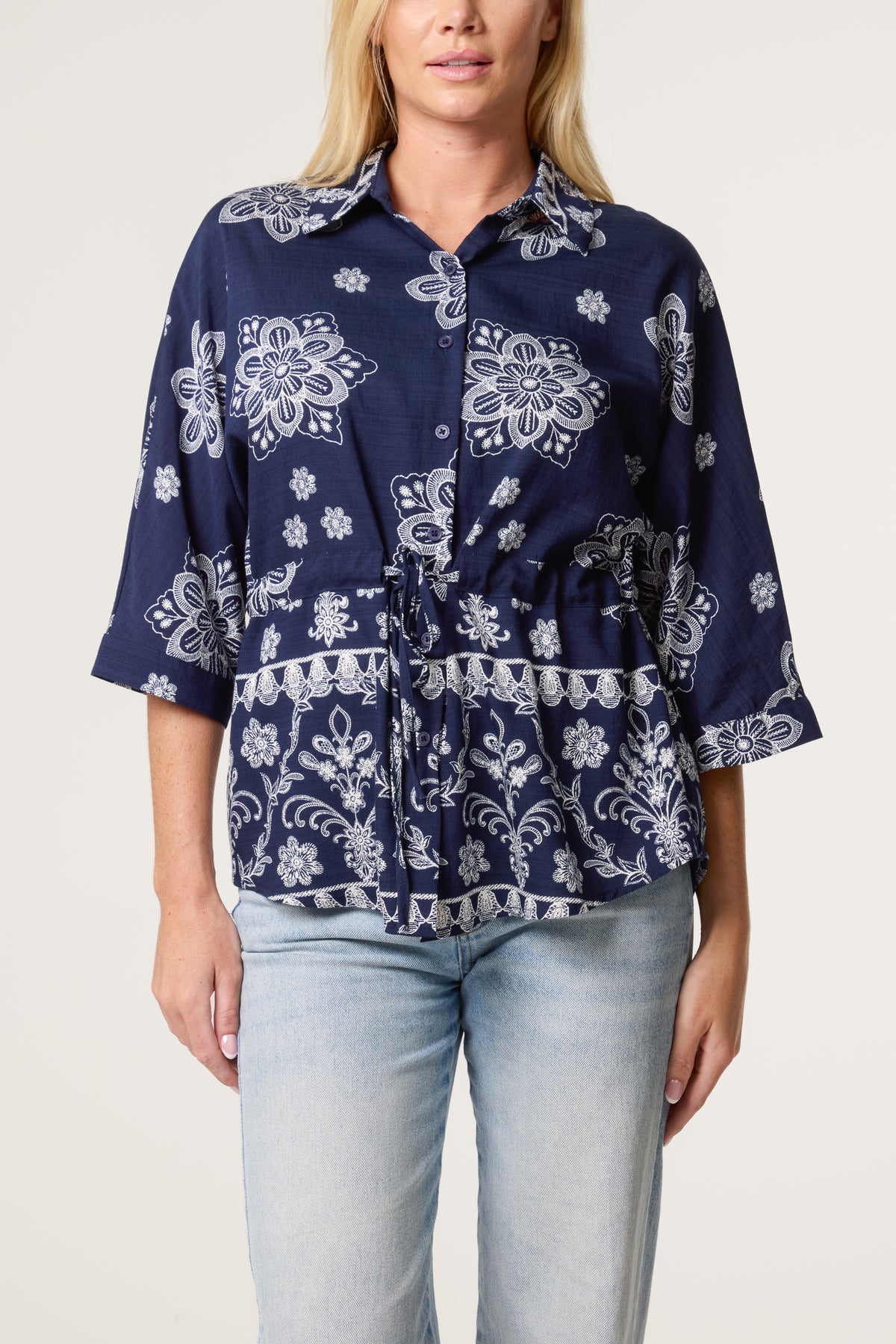 Border Flower Print Cinch Tie Shirt