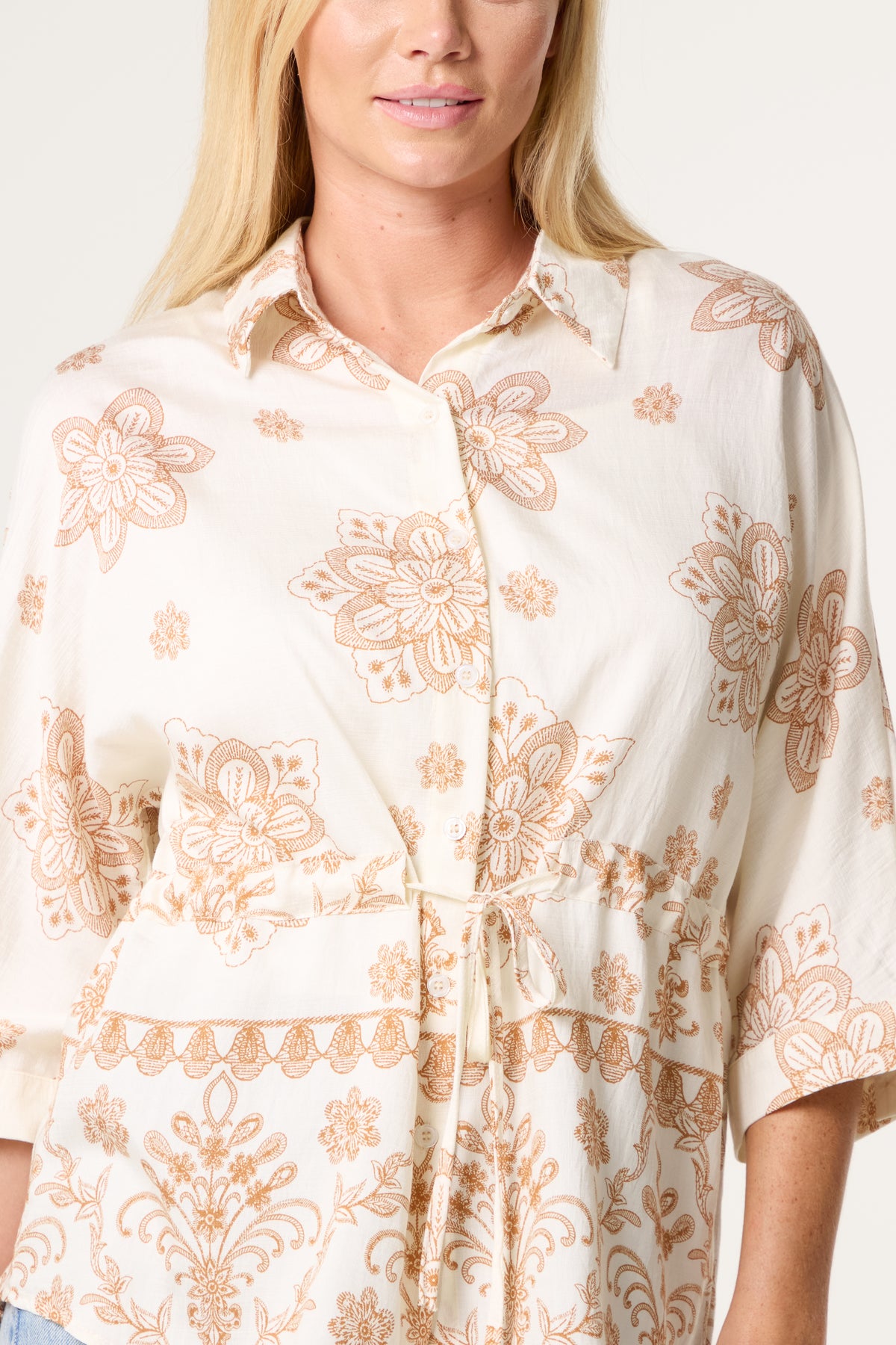 Border Flower Print Cinch Tie Shirt