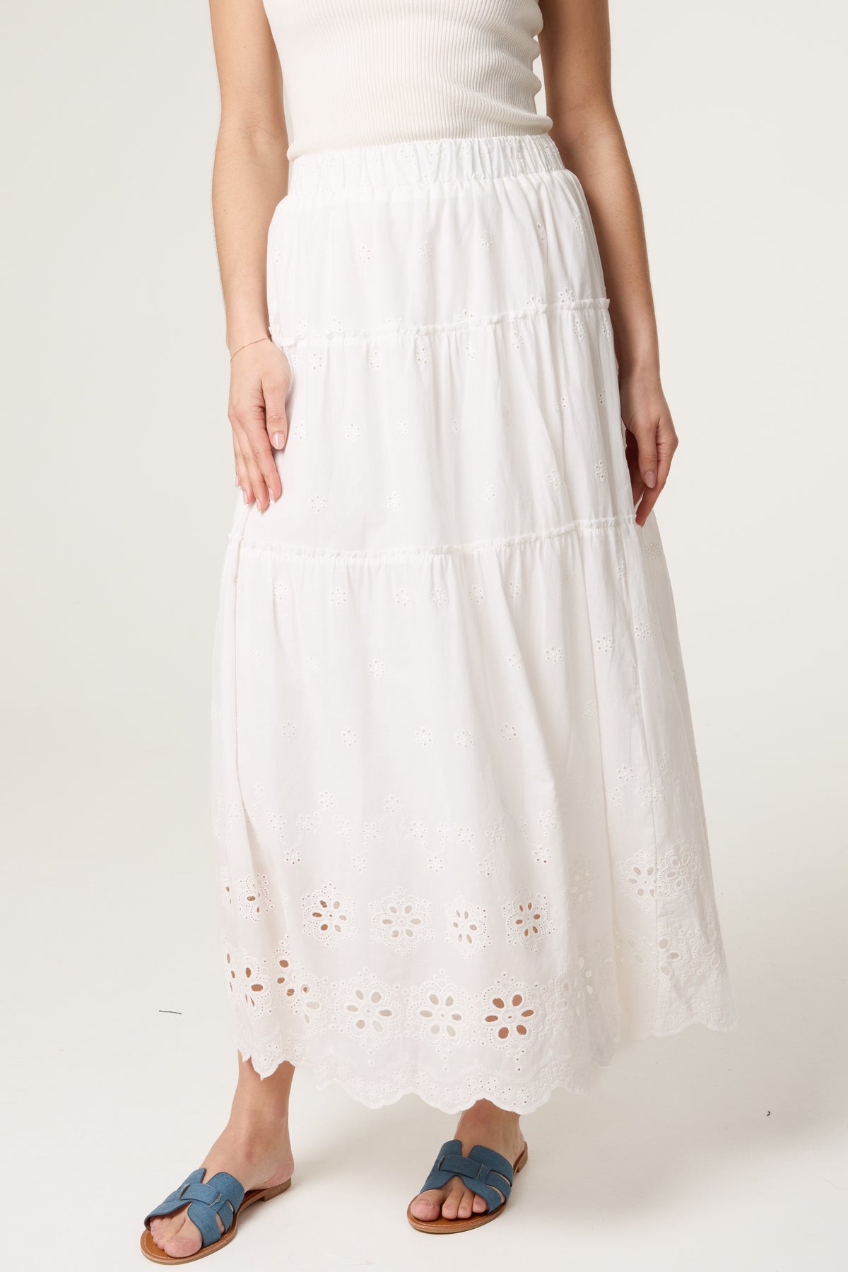 Broderie Anglaise Hem Tiered Maxi Skirt