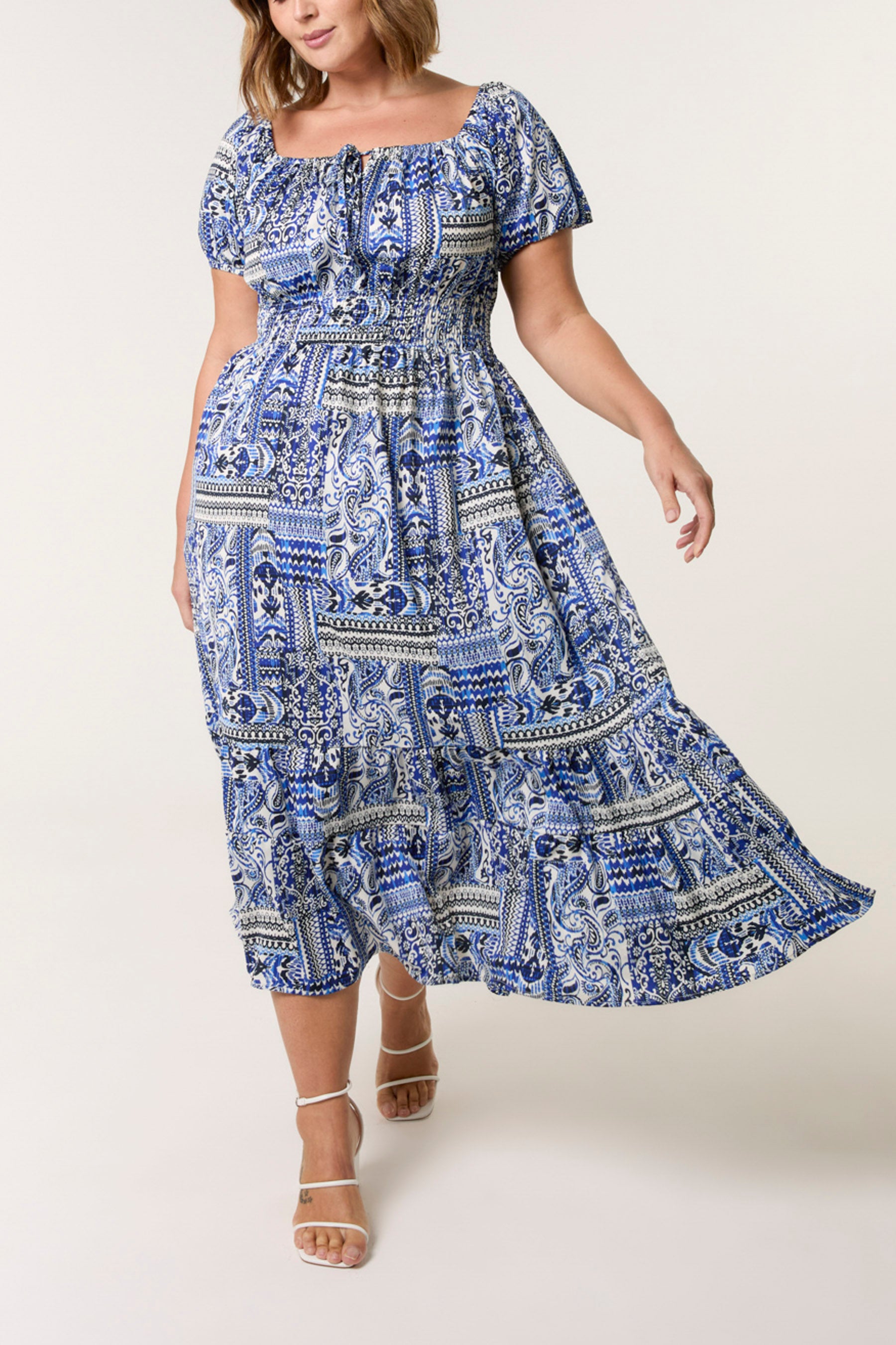 Curve Mixed Print Square Neck Maxi Dress
