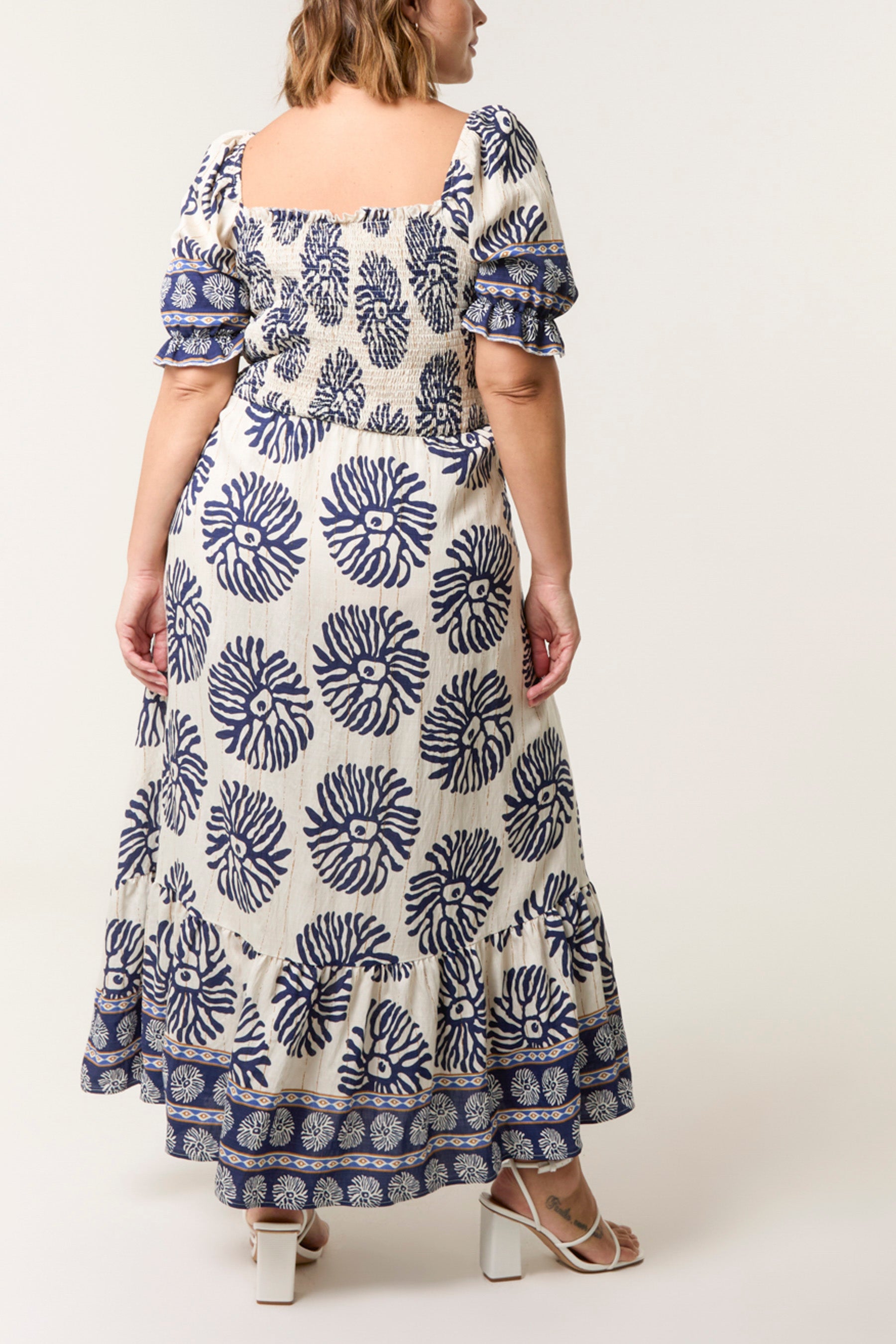Curve Square Shirred Neck Printed Maxi Dress