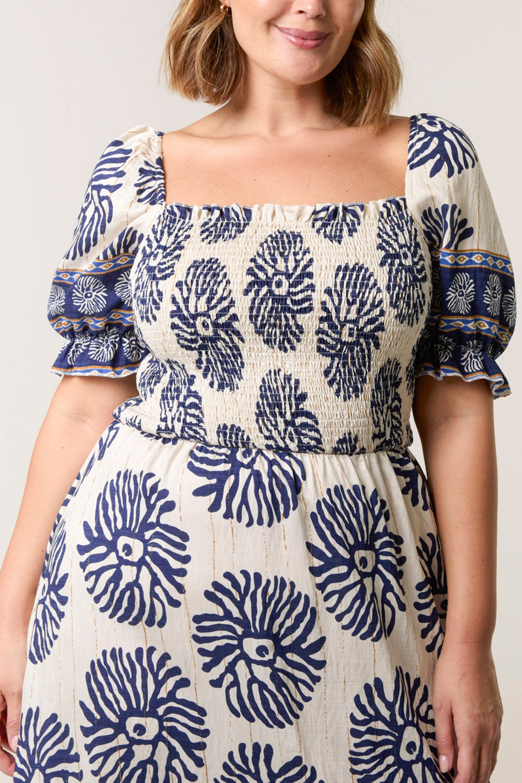 Curve Square Shirred Neck Printed Maxi Dress