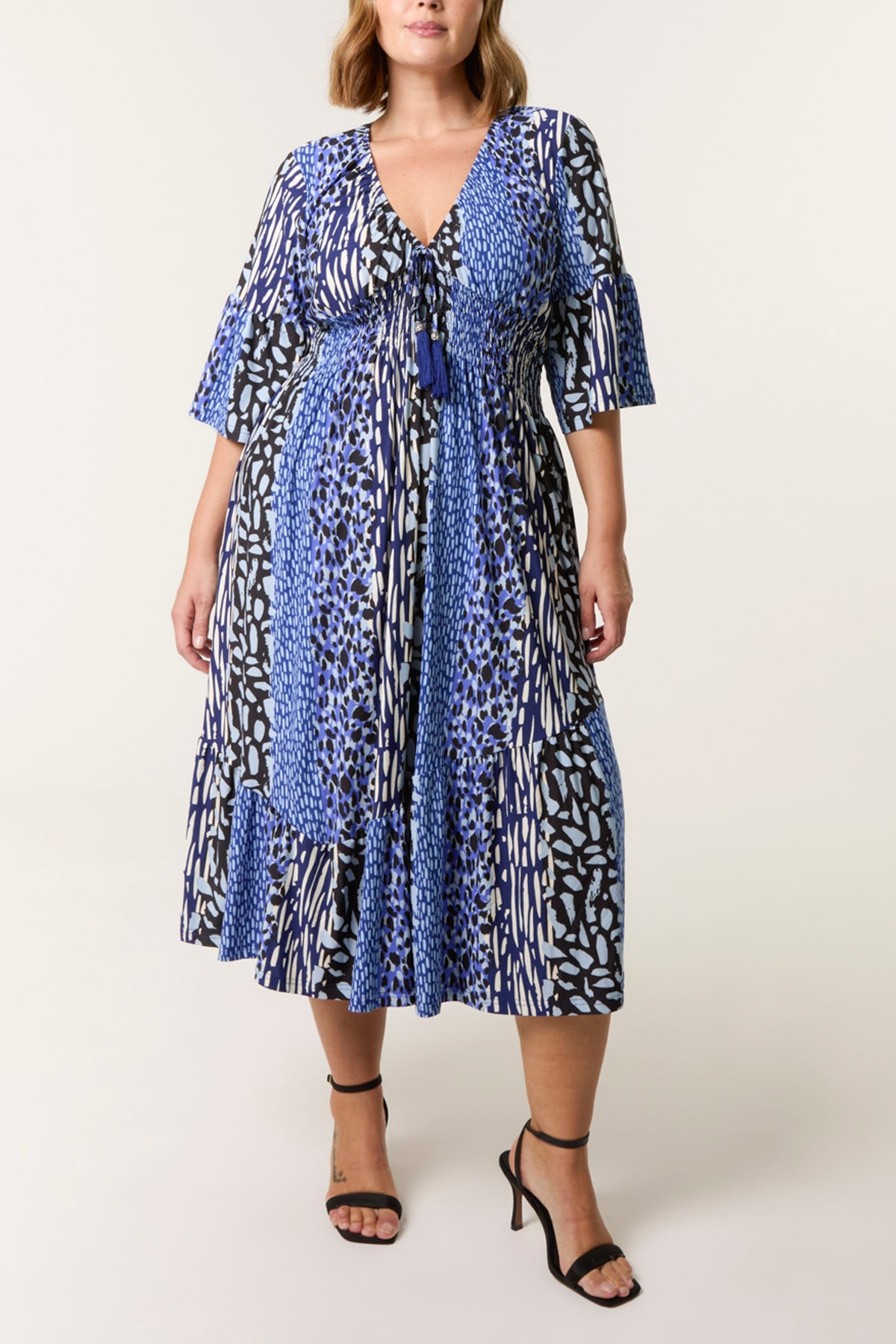 Curve Mixed Print V-Neck Midi Dress