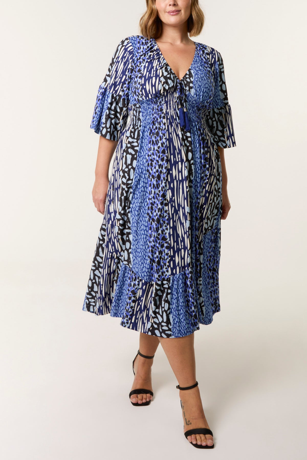 Curve Mixed Print V-Neck Midi Dress