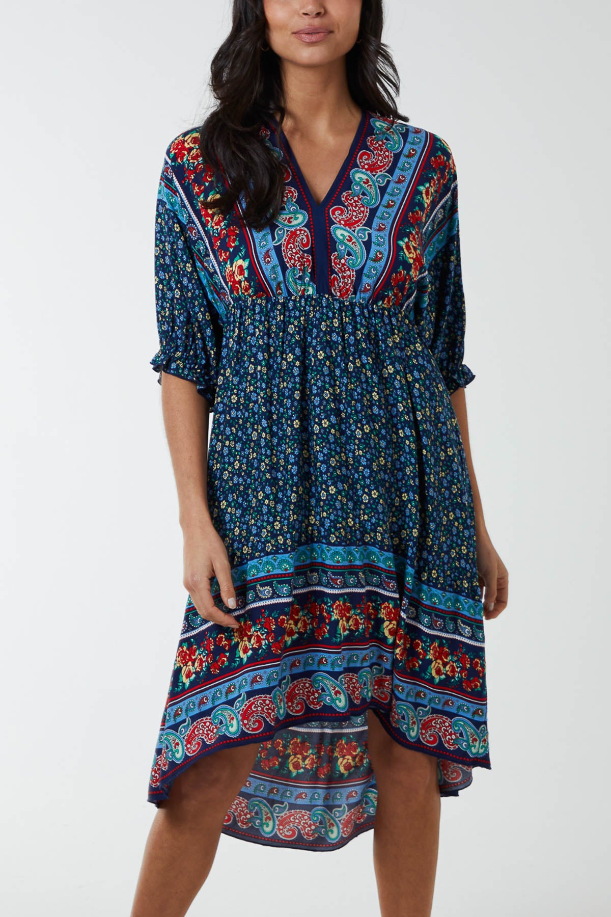 Asymmetric Paisley & Floral Midi Dress