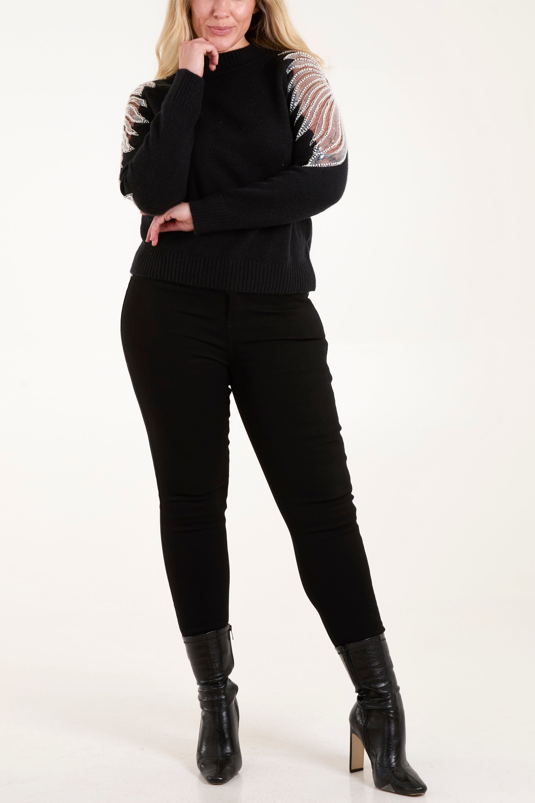 Diamante & Mesh Shoulder Knit Jumper
