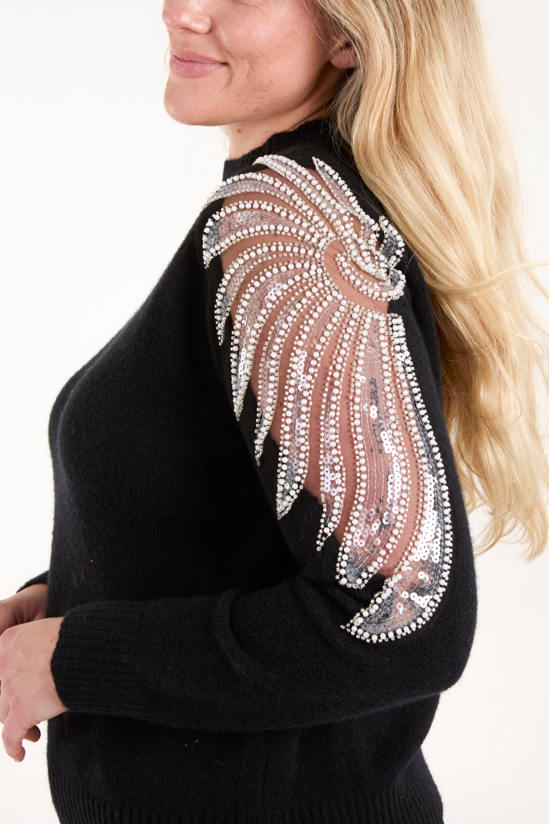 Diamante & Mesh Shoulder Knit Jumper