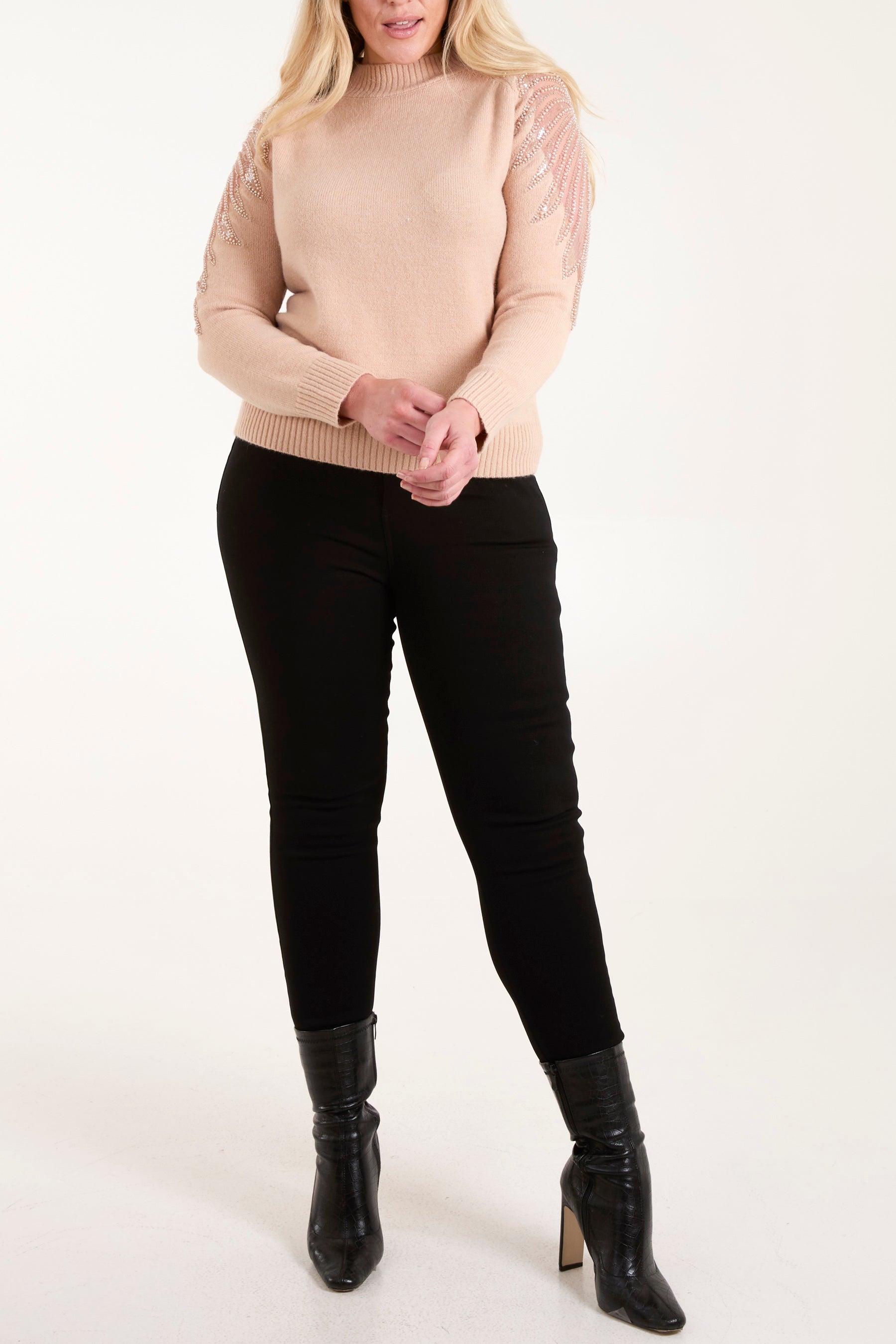 Diamante & Mesh Shoulder Knit Jumper