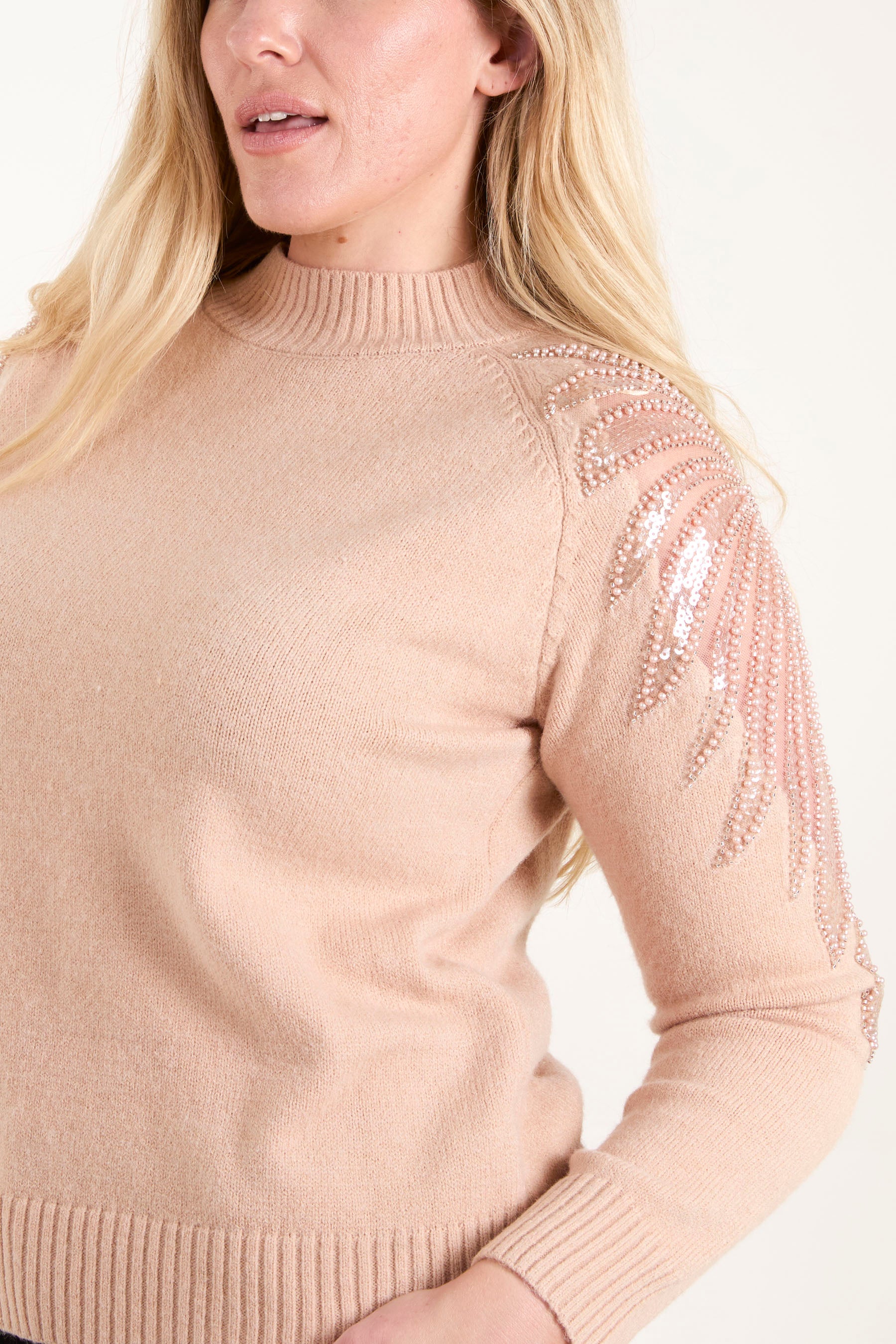 Diamante & Mesh Shoulder Knit Jumper