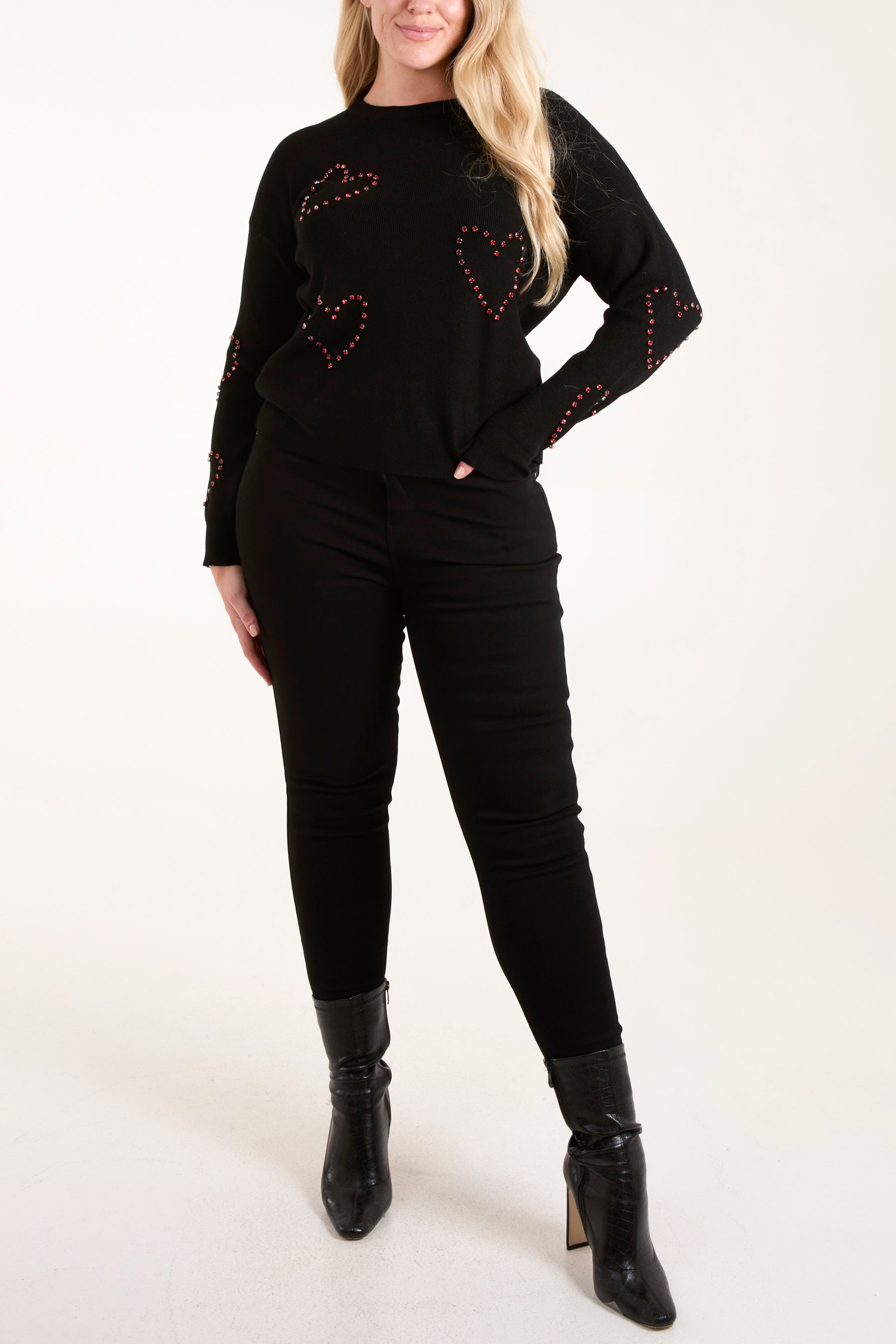 Rhinestone Heart Long Sleeve Jumper