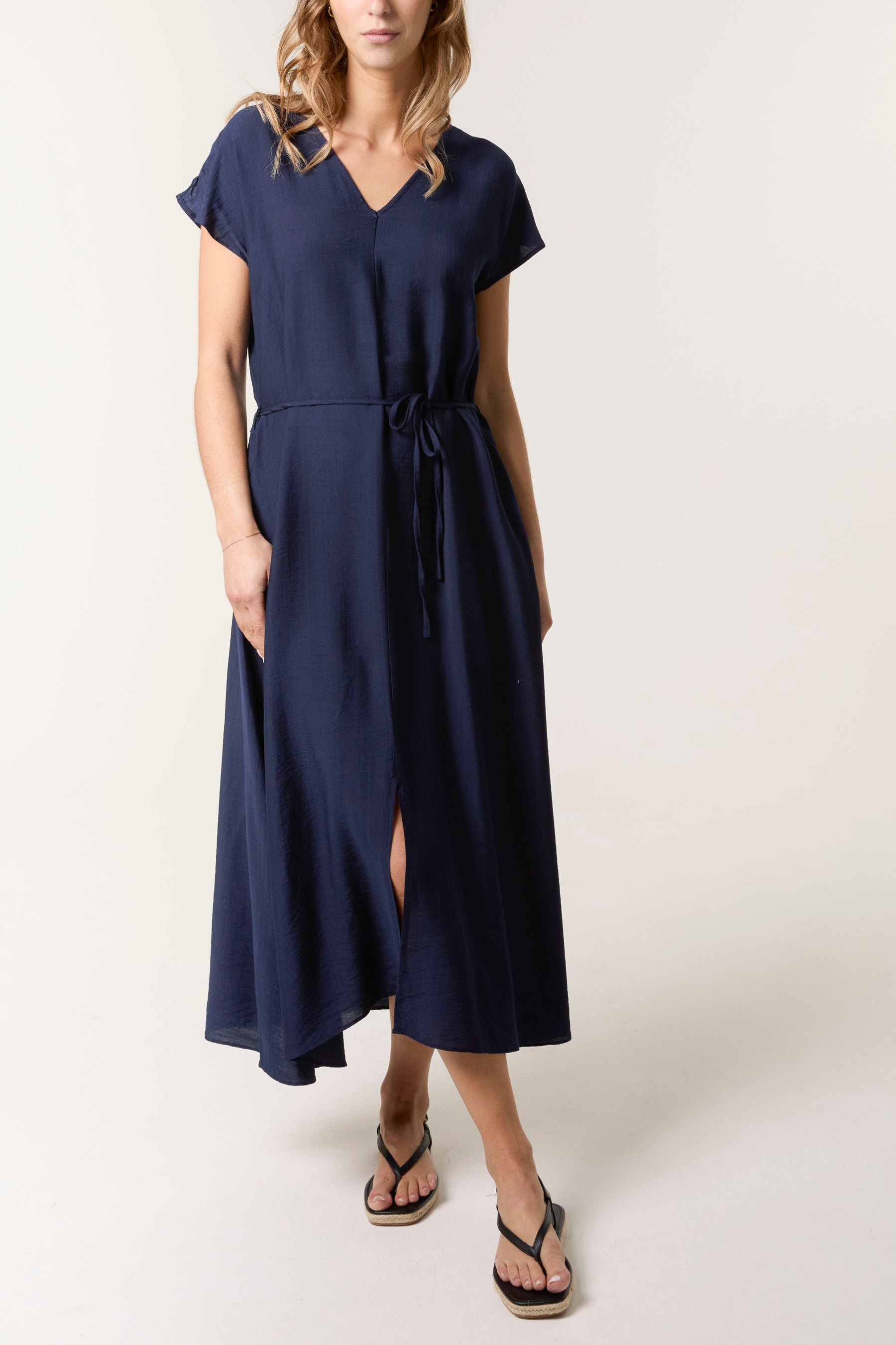 Front Slit Tie Belt Dress