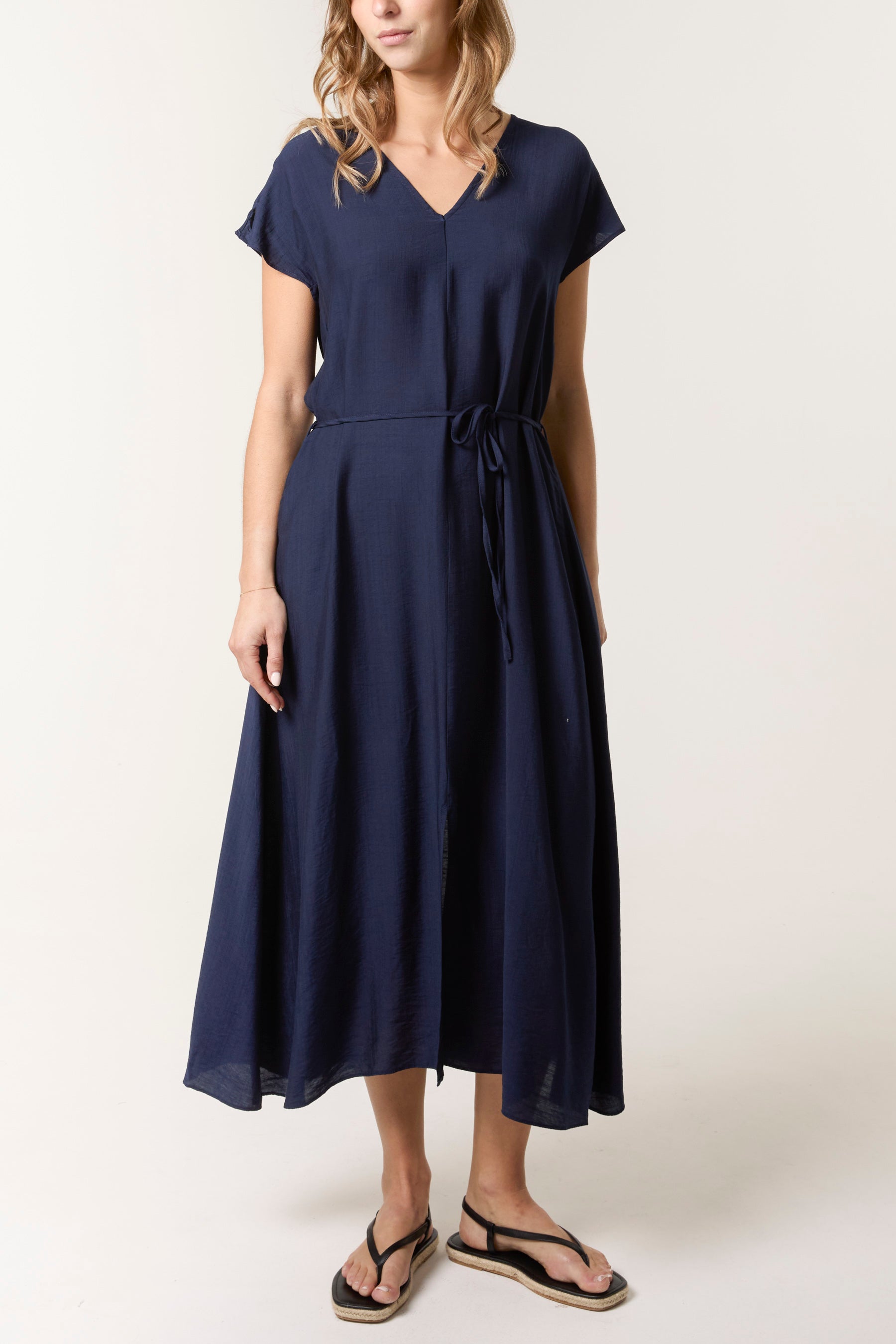 Front Slit Tie Belt Dress