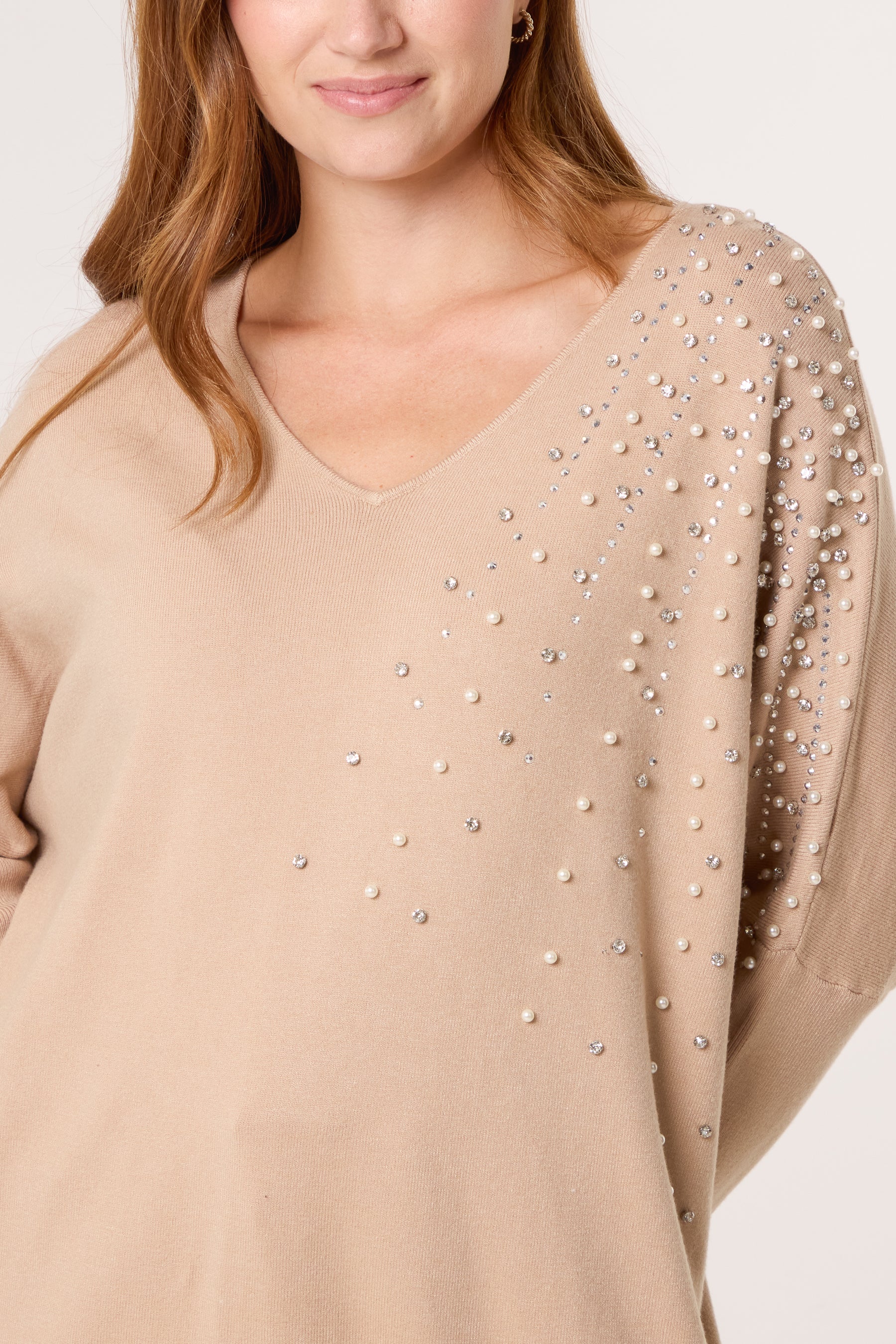 Pearl & Diamante Side V-Neck Jumper