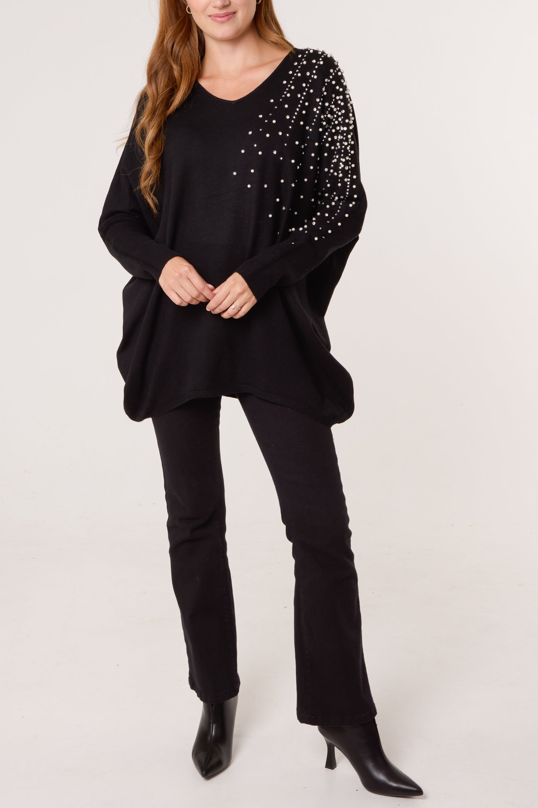 Pearl & Diamante Side V-Neck Jumper