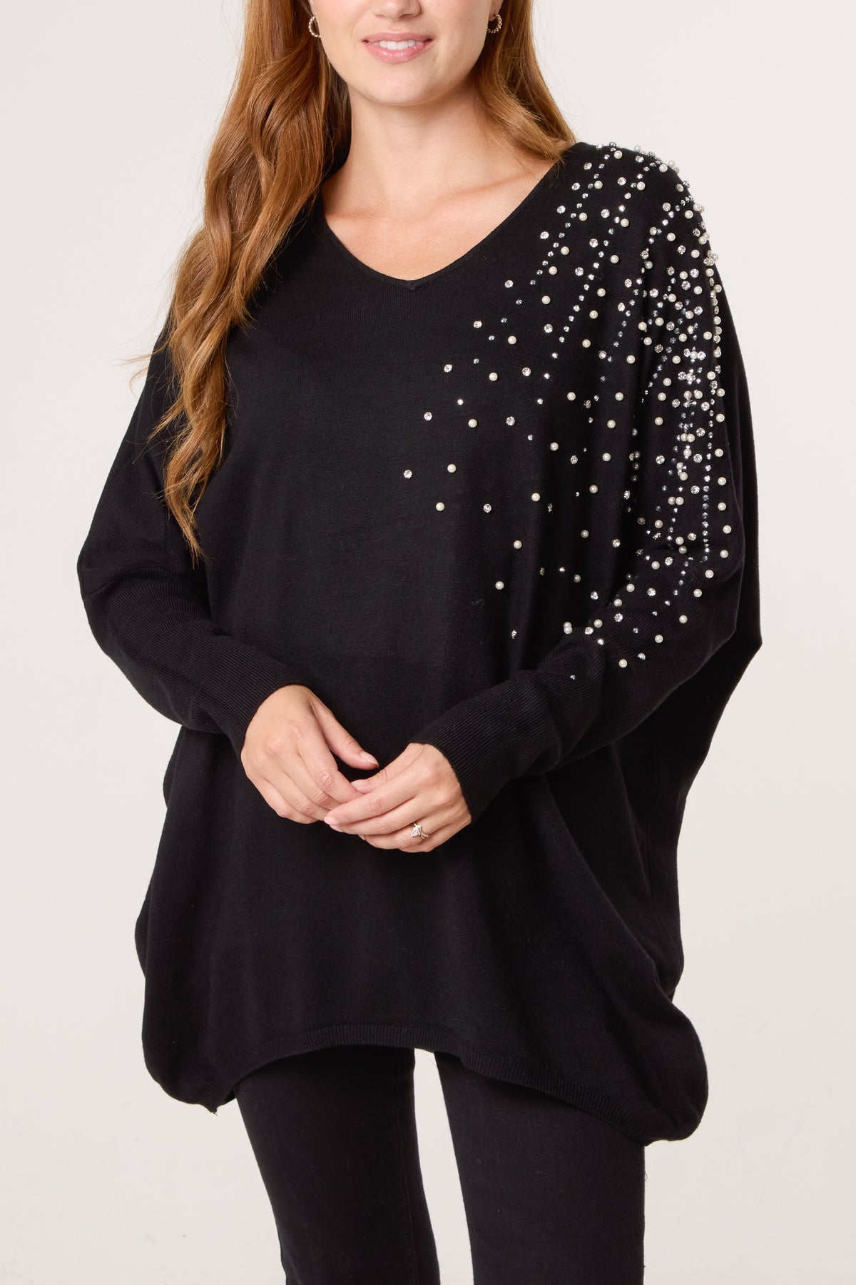 Pearl & Diamante Side V-Neck Jumper