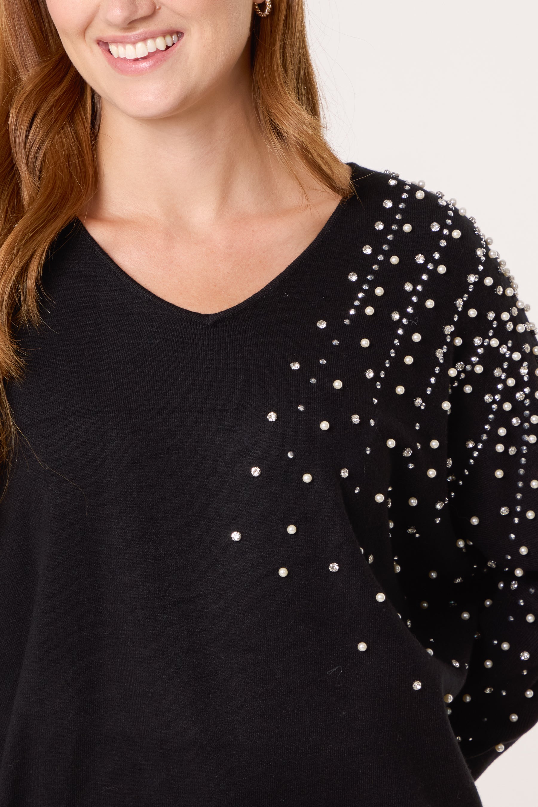 Pearl & Diamante Side V-Neck Jumper