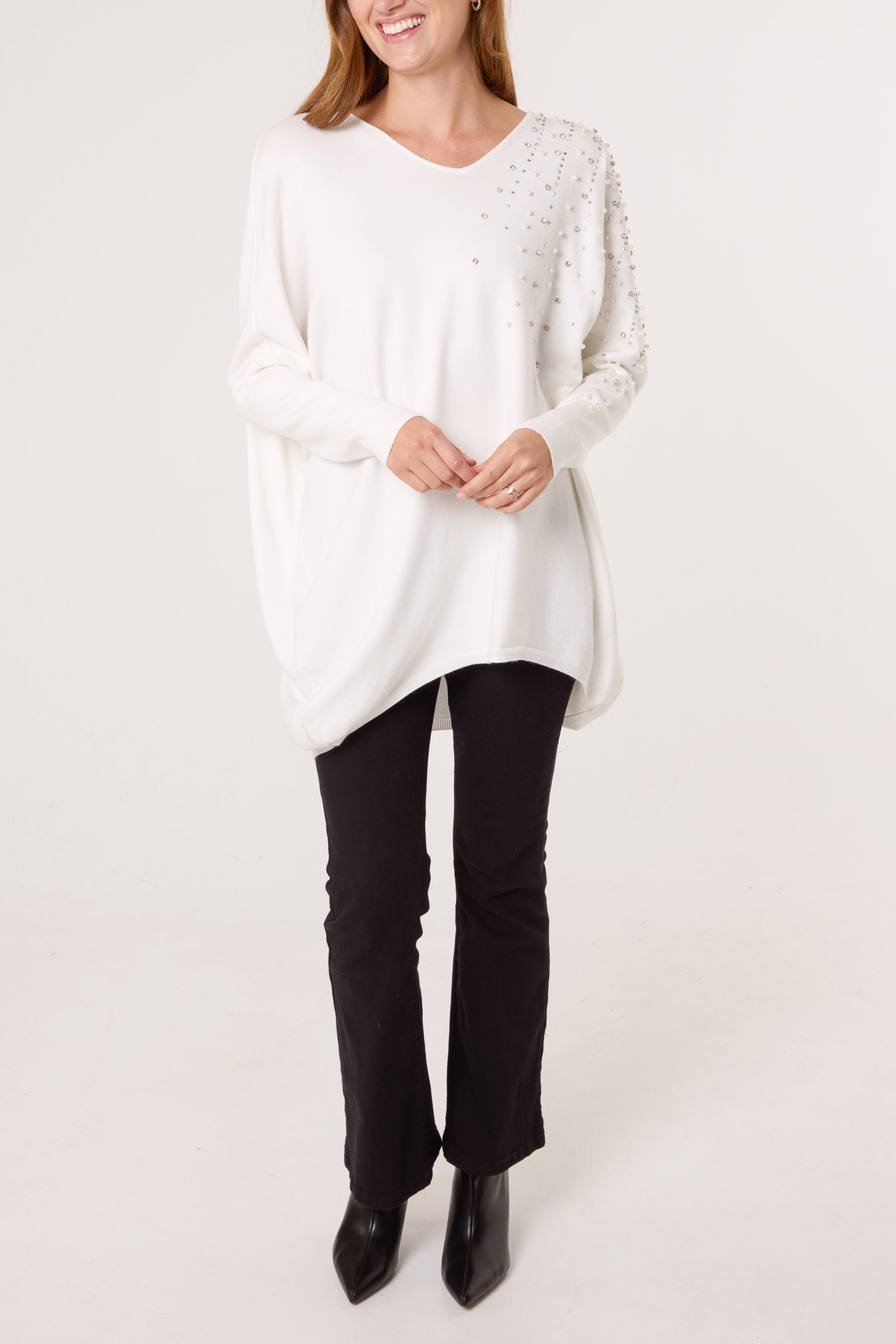 Pearl & Diamante Side V-Neck Jumper