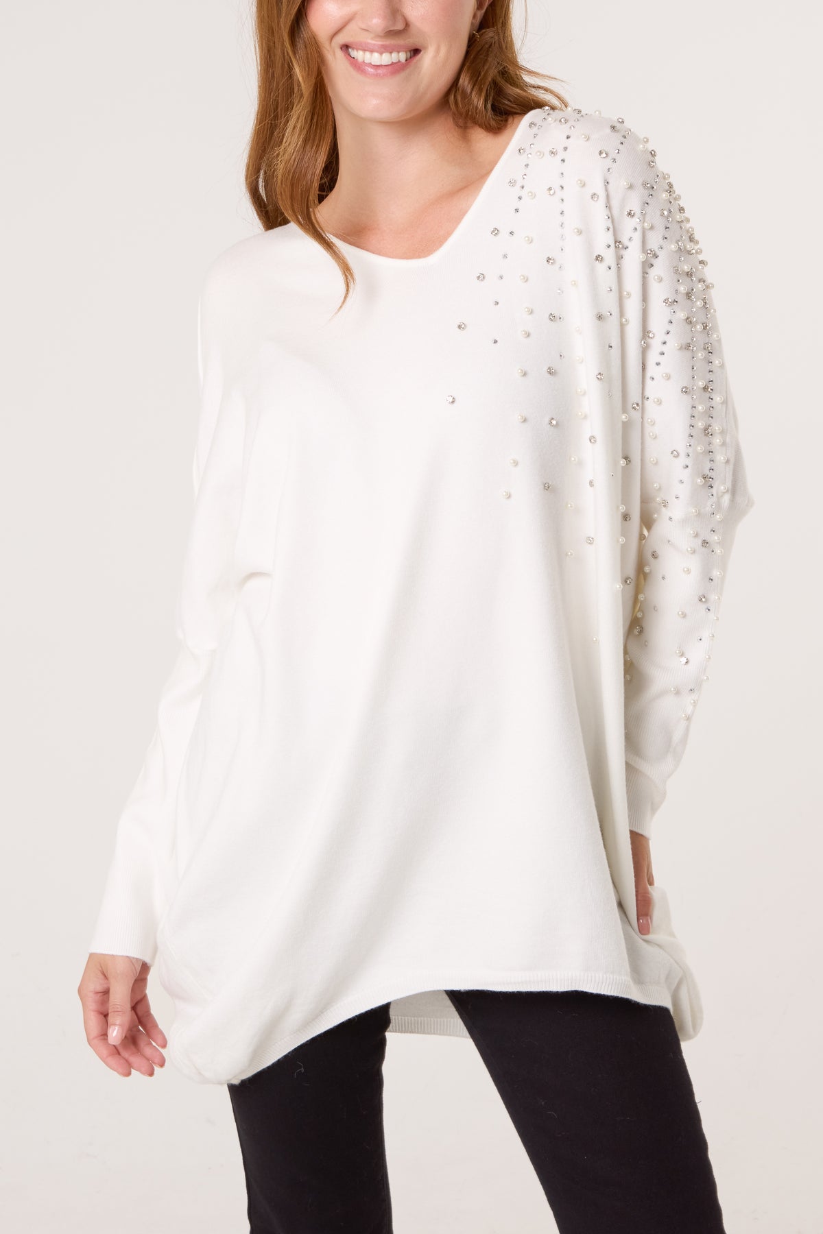 Pearl & Diamante Side V-Neck Jumper