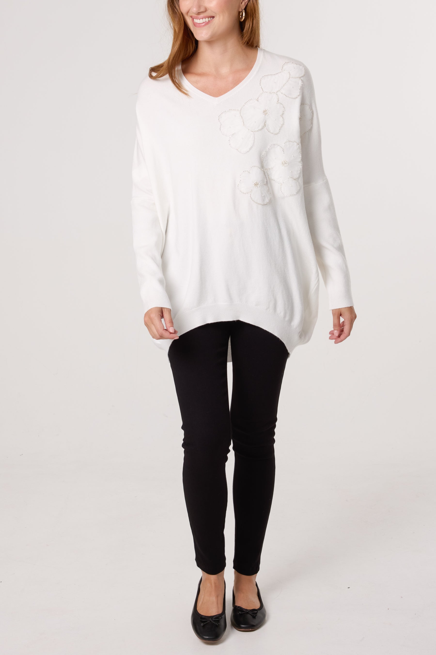 Embellished Flowers V-Neck Jumper